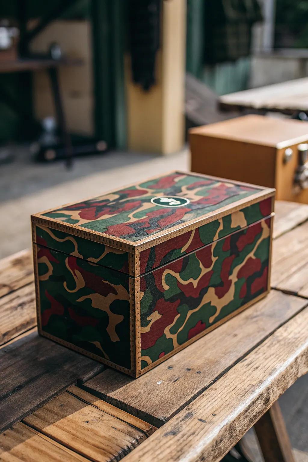 Transform your storage with handcrafted camouflage elegance.
