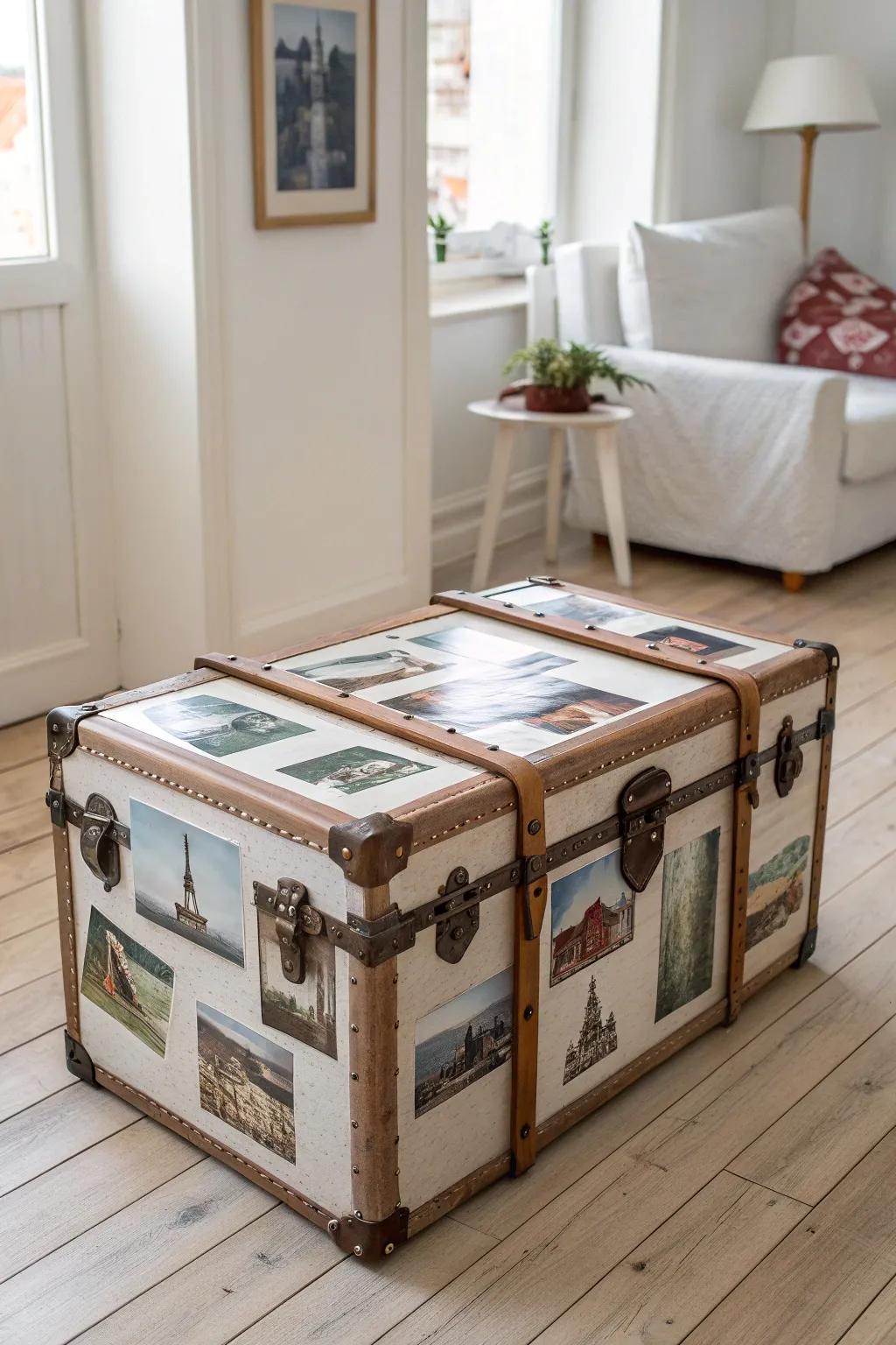 Transform your travel memories into art with decoupage on a vintage trunk—where craftsmanship meets wanderlust.