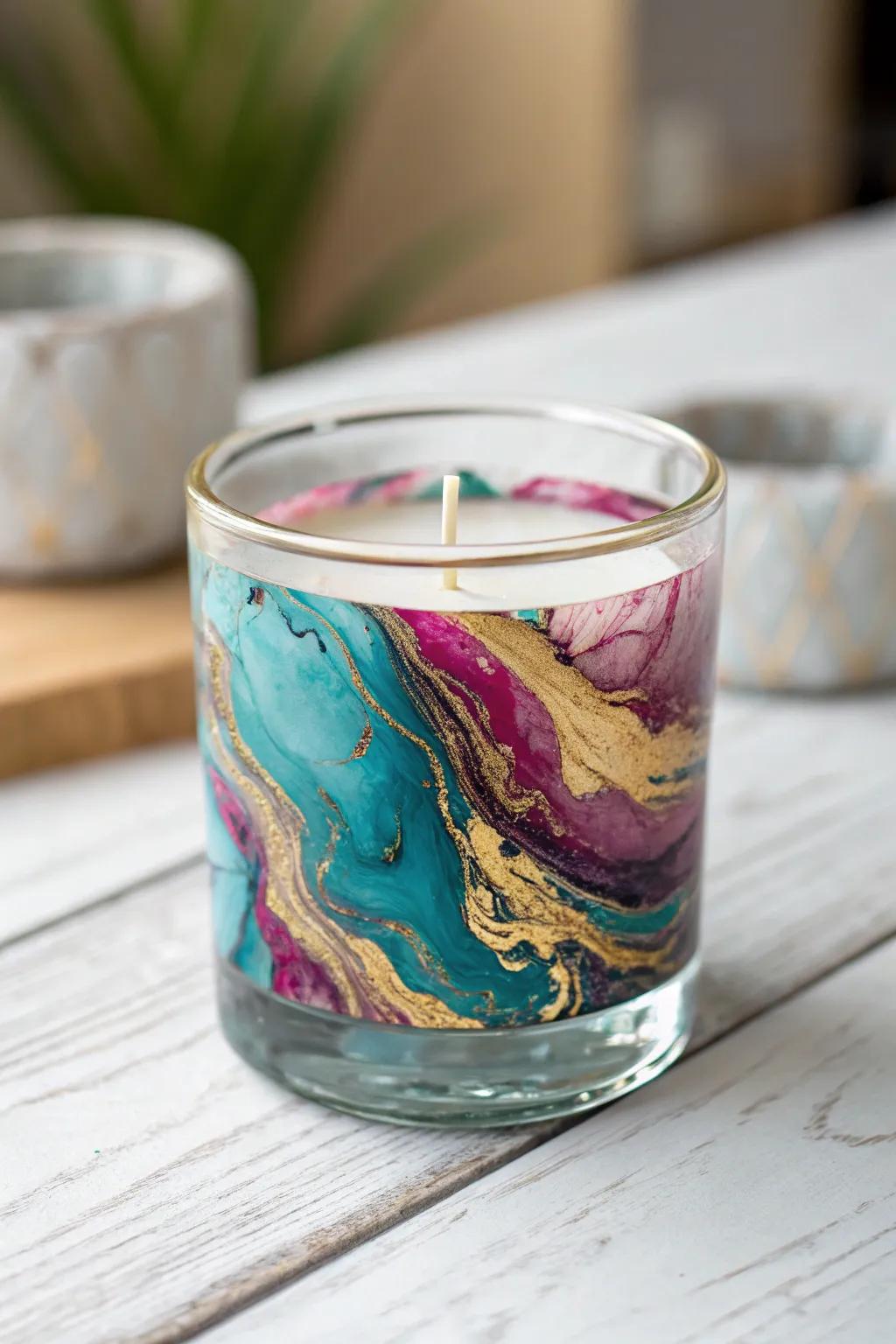 Transform your candle jars into vibrant masterpieces with the magic of alcohol inks—where simplicity meets artistic flair.