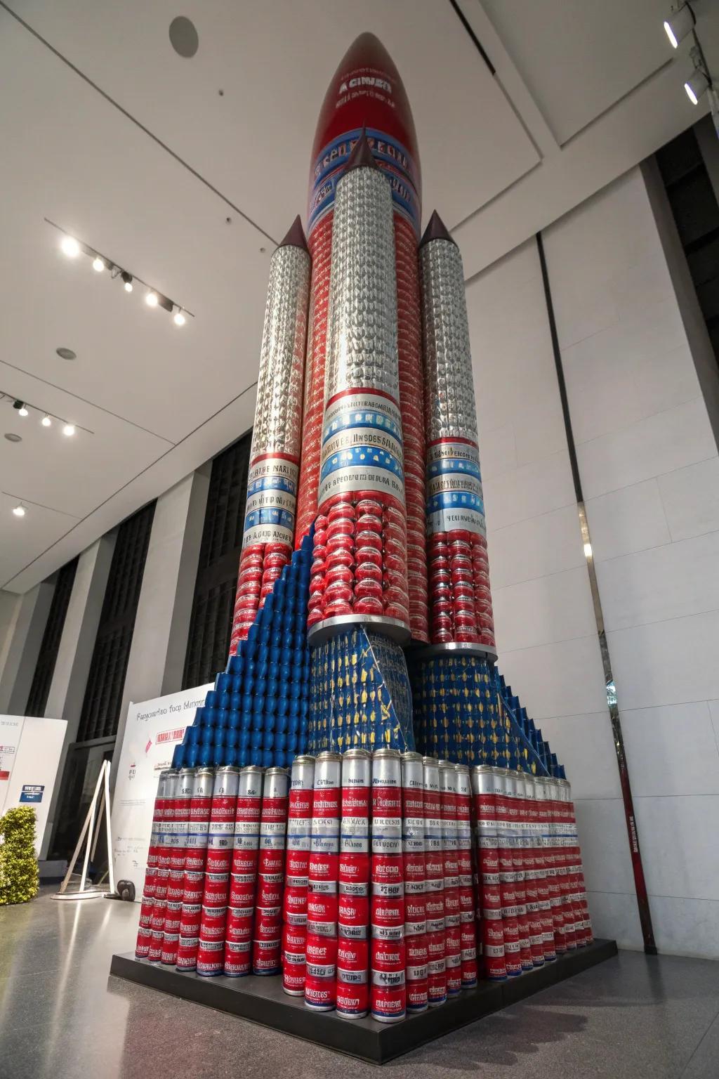 Blast off with creativity and craftsmanship in this stunning canstruction rocket!