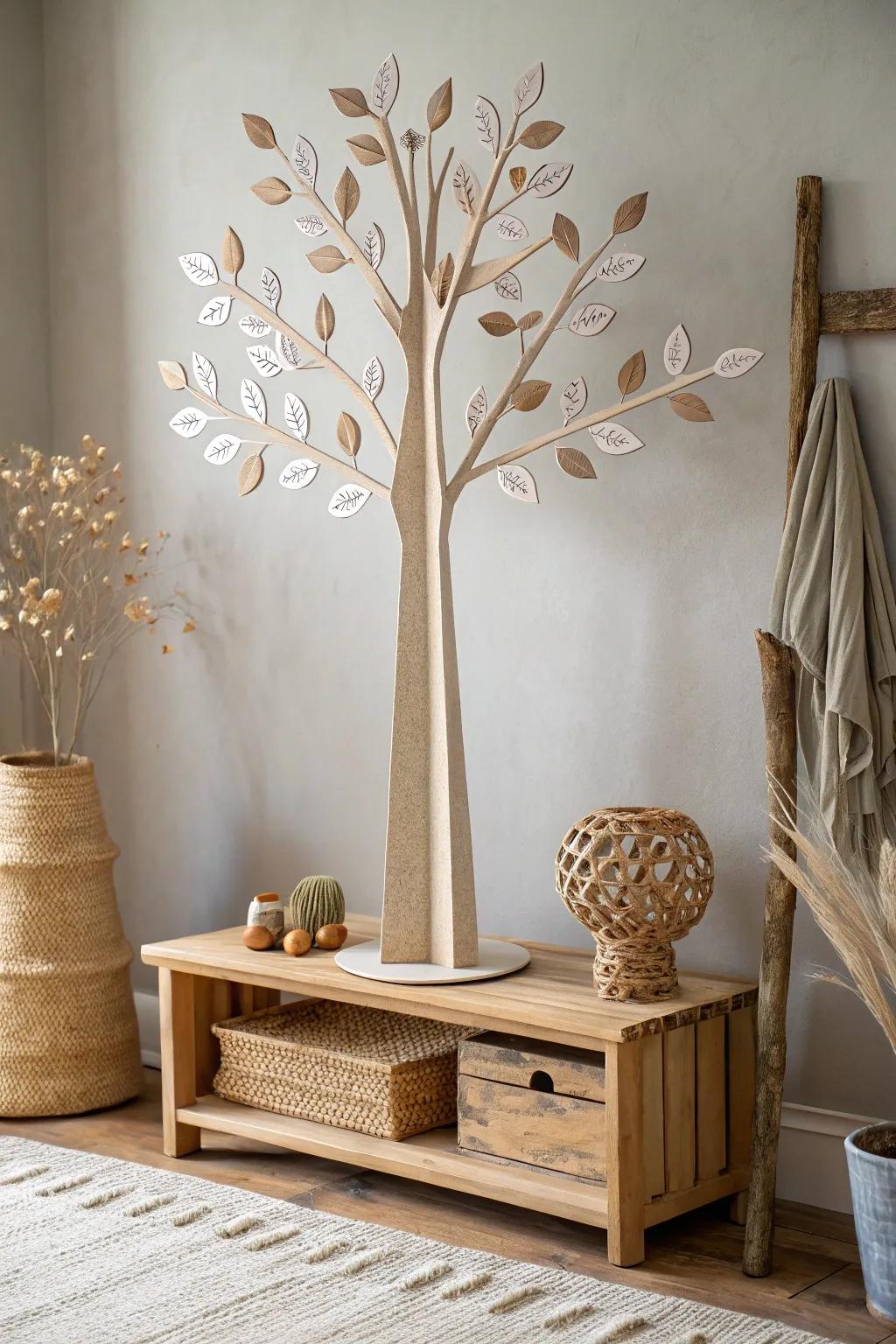 Bring nature indoors with a handcrafted cardboard tree that celebrates simplicity and beauty.