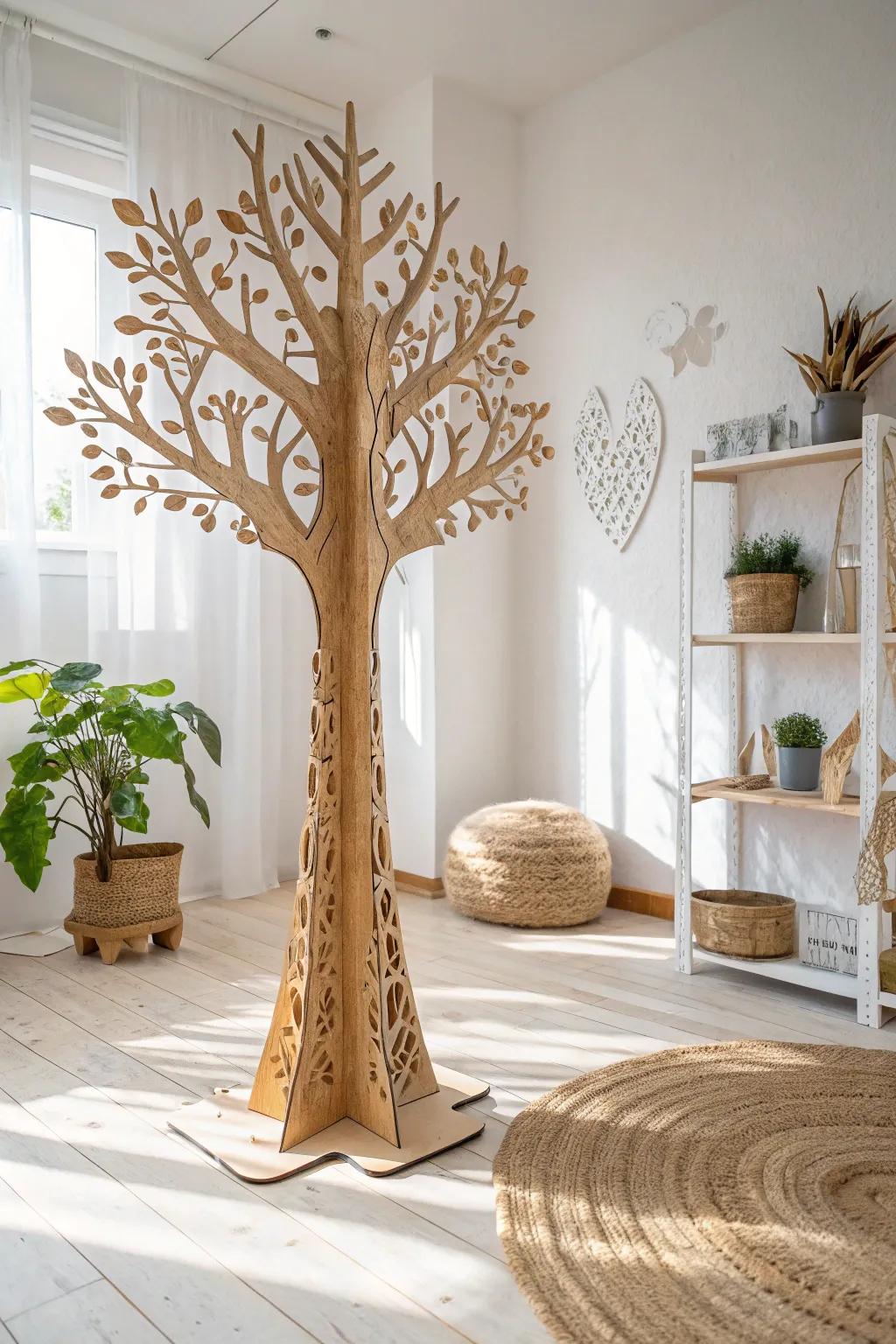 Bring the serenity of nature indoors with this exquisite cardboard tree sculpture, a perfect blend of minimalist design and boho charm.