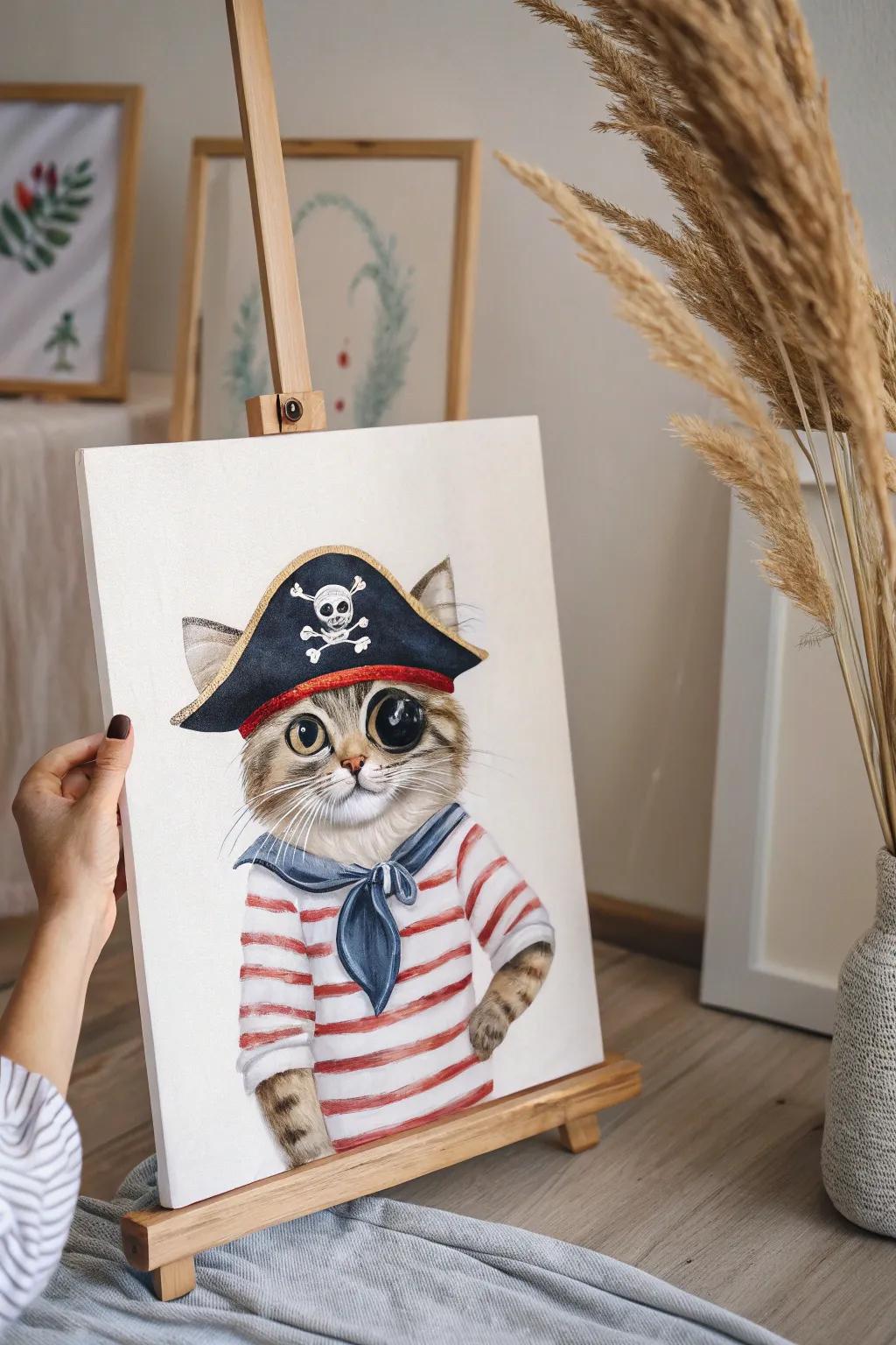 Ahoy, art lovers! Discover the charm of cats in costume with this whimsical pirate painting.