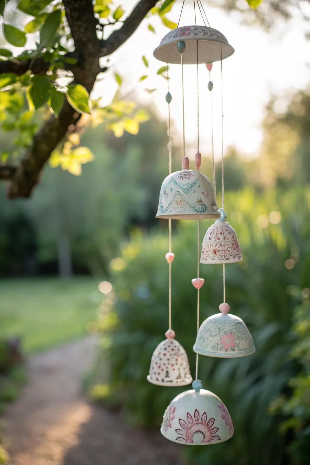Embrace tranquility with handcrafted ceramic windchimes in your garden.