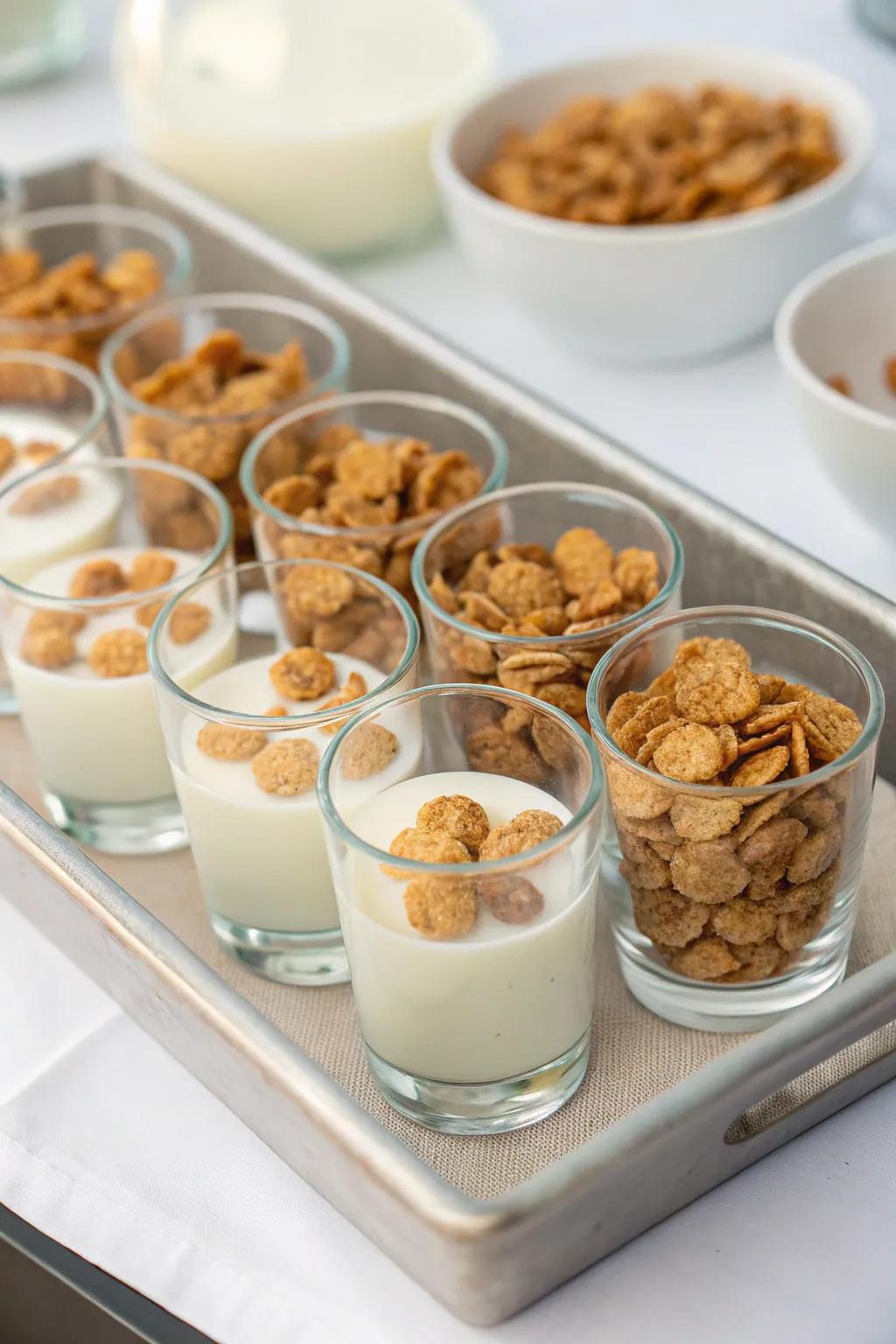 Mini glasses filled with cereal and milk arranged on a tray.