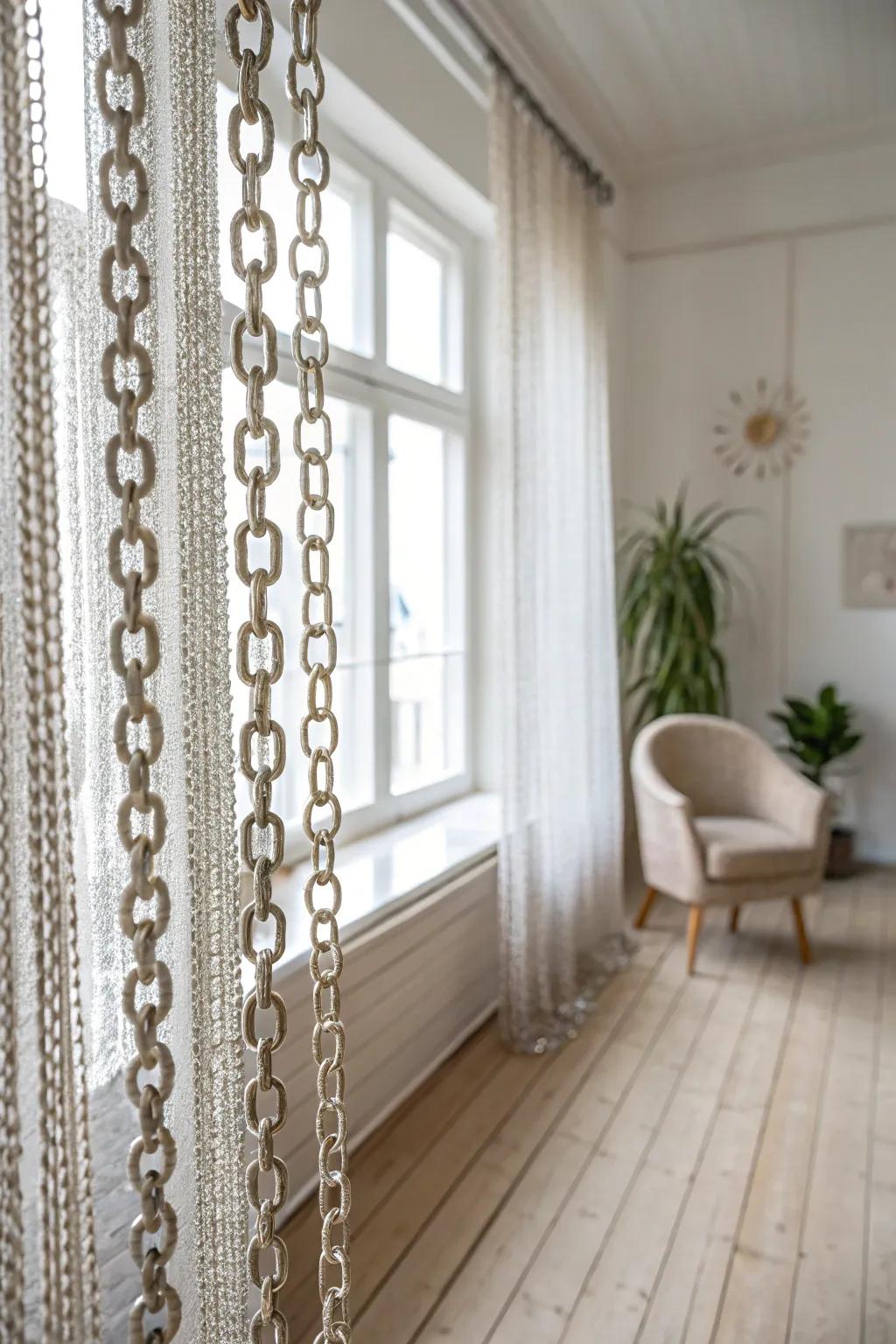 Transform your space with the edgy elegance of chain curtains, where minimalism meets bohemian flair.