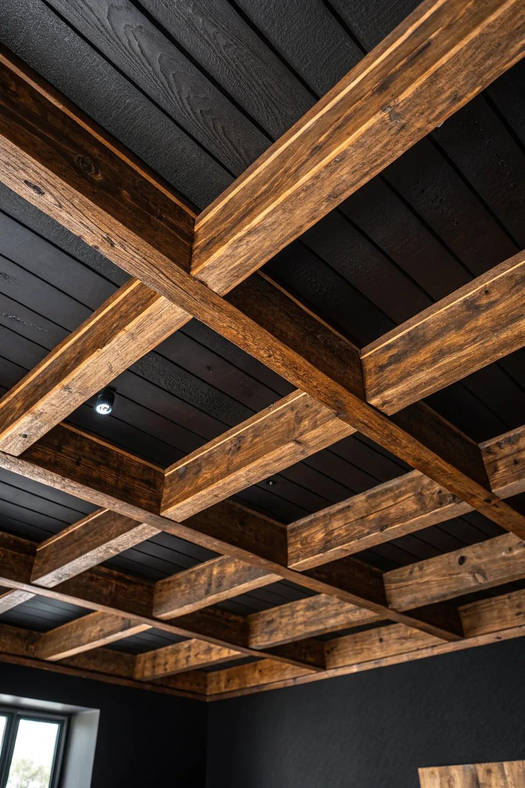 Transform your space with urban edge: Exposed beams against a bold black ceiling for the ultimate modern industrial vibe.