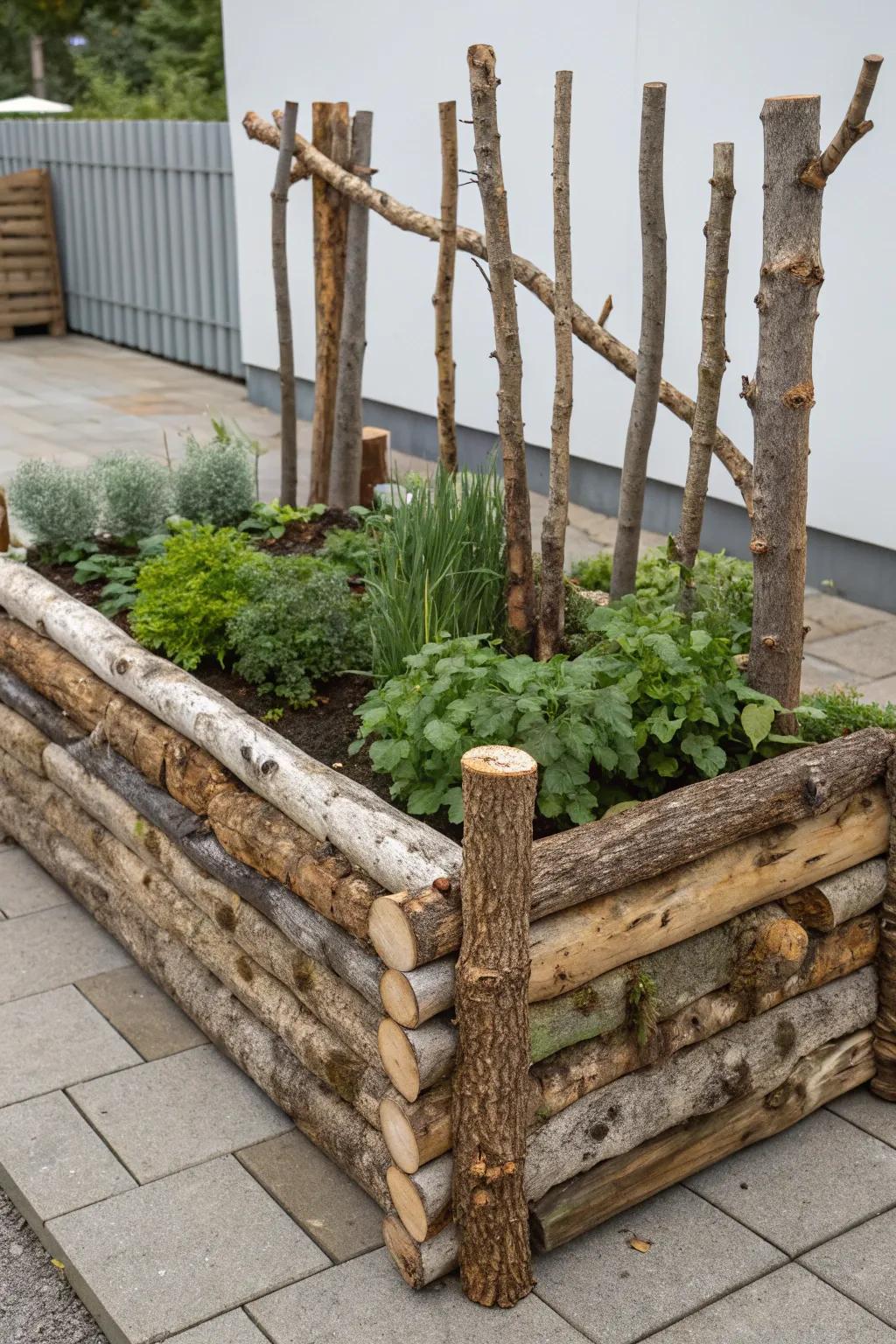Embrace rustic charm with nature-inspired garden beds crafted from logs and branches, perfect for a minimalist and boho touch.