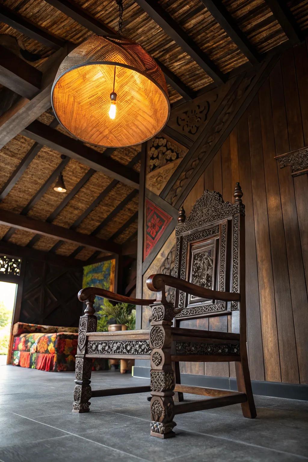 Elevate your space with handcrafted elegance—where artful seating meets stunning wood ceilings.