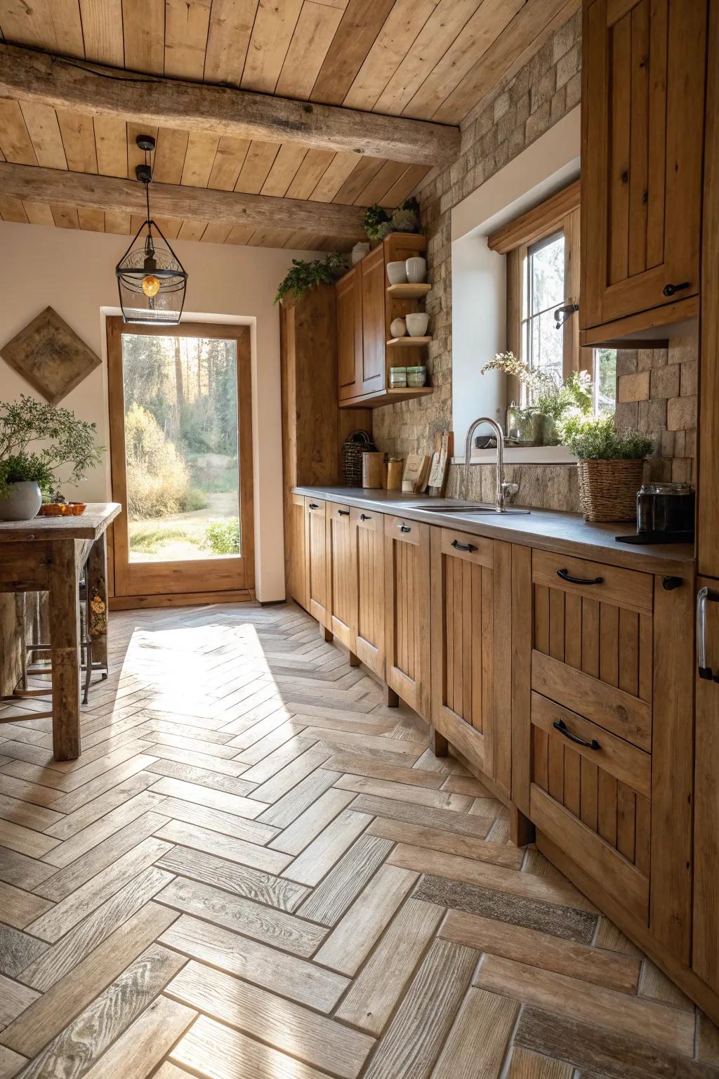 Wood-look chevron tiles combine rustic charm with modern durability in this inviting kitchen.