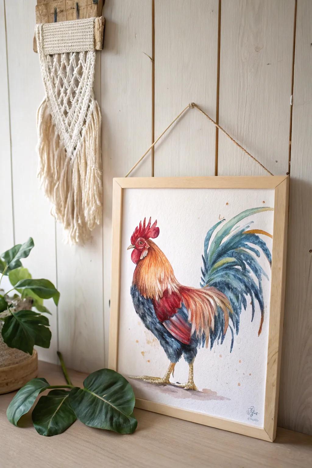 Discover the art of simplicity with vibrant watercolor roosters. Perfect for adding a touch of boho elegance to your space.