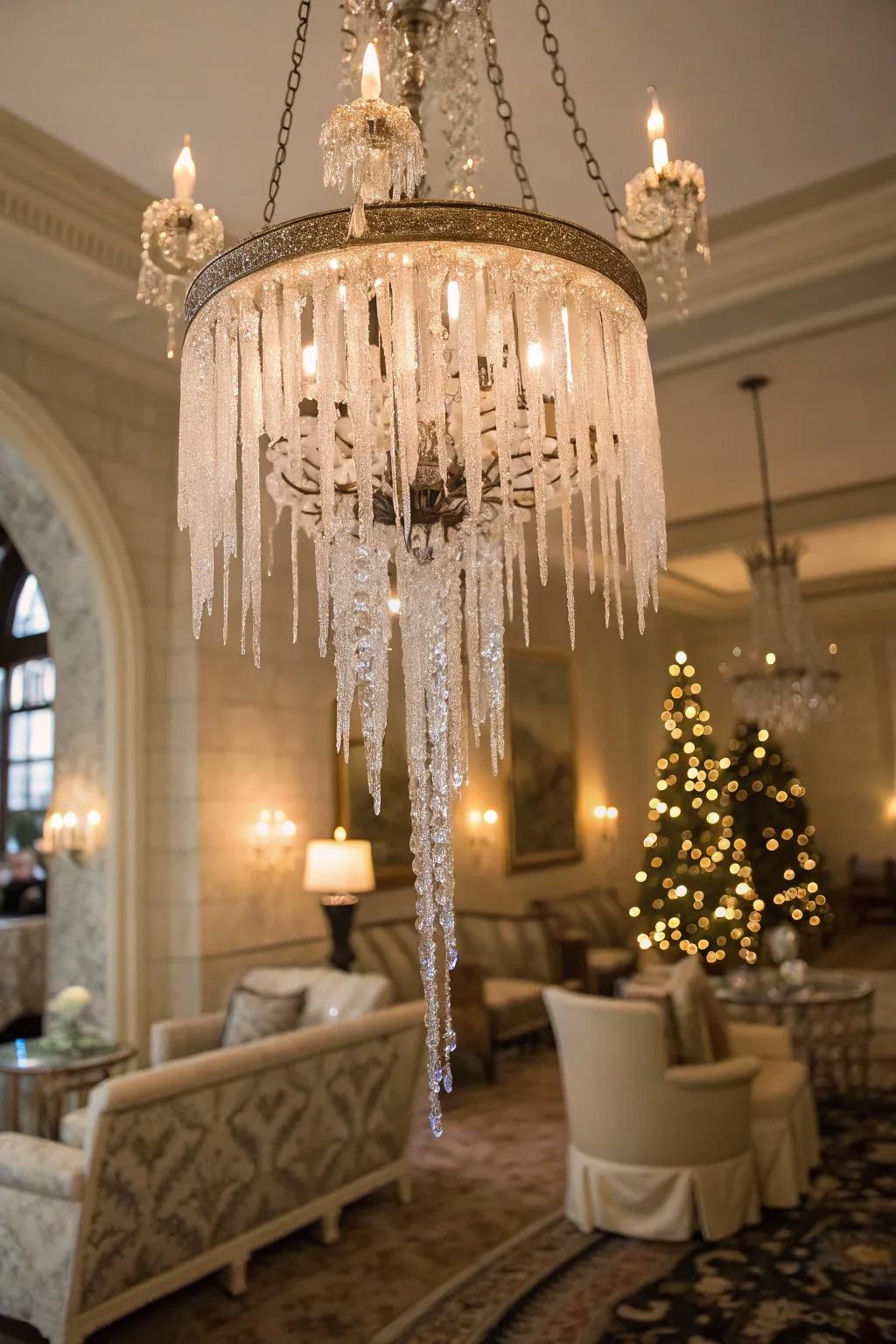 Icicle ornaments create a frosty, elegant look for the chandelier.