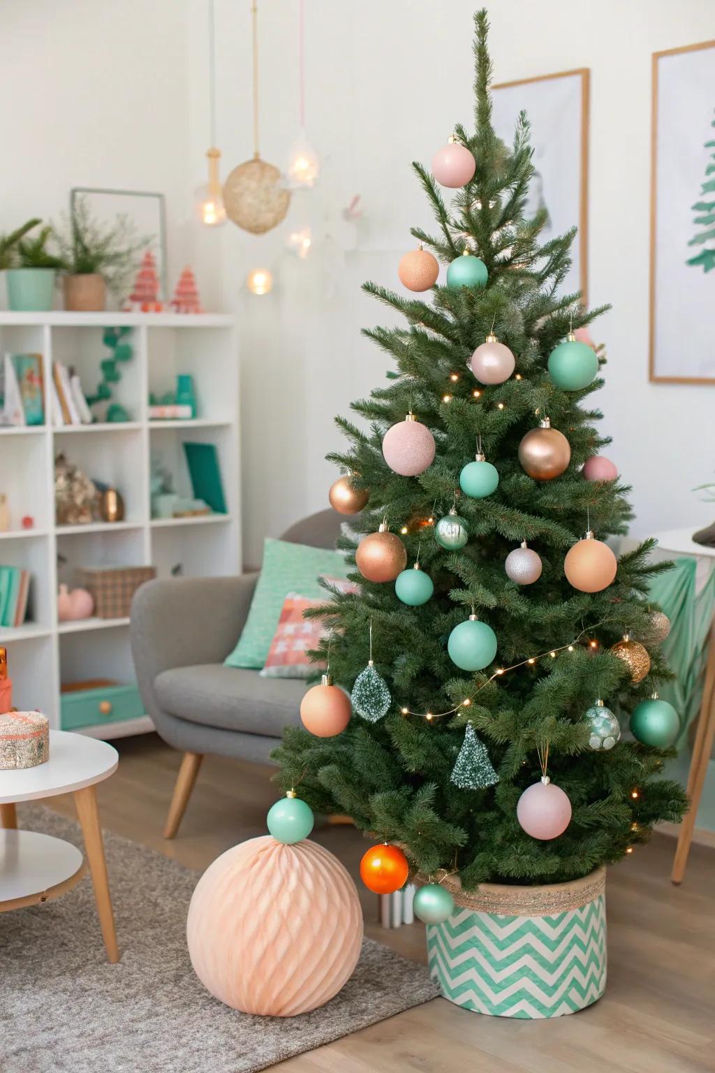 A playful Christmas with peach and mint green decorations.