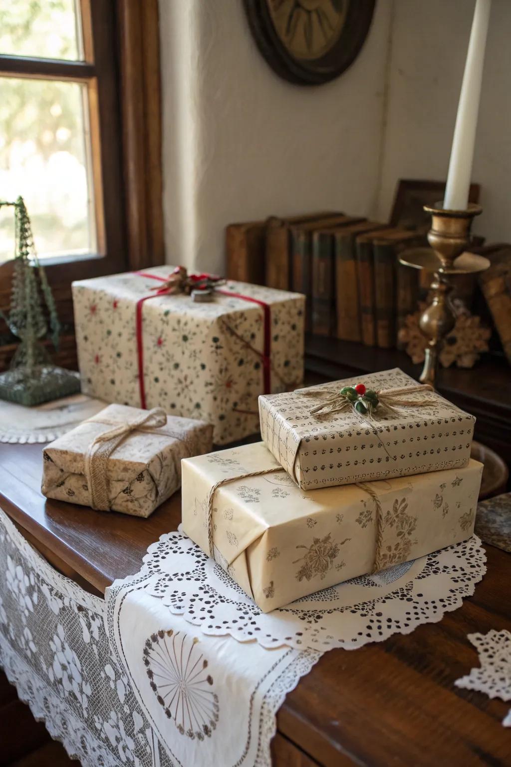 Gifts wrapped in vintage-inspired paper for a nostalgic feel.