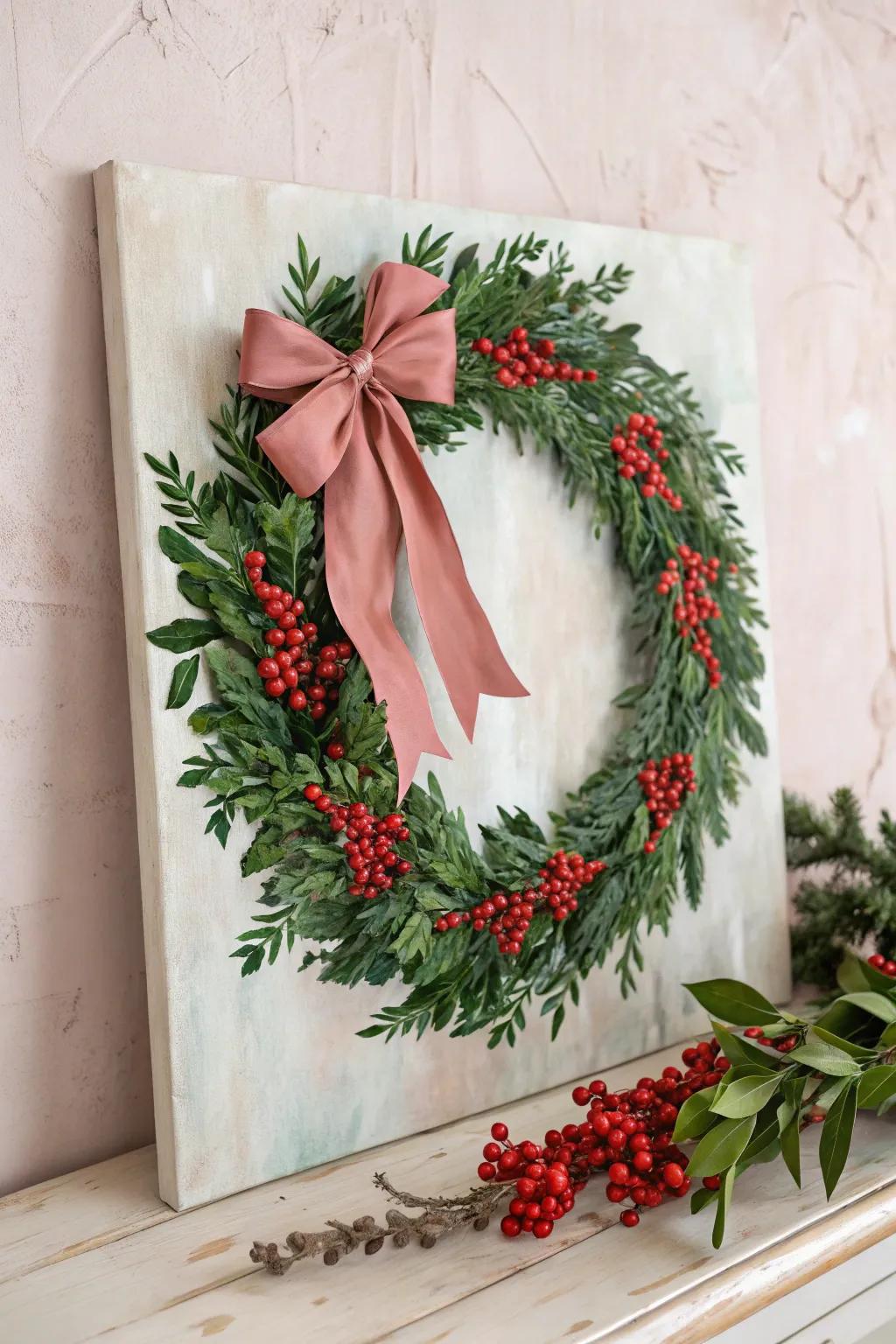 Embrace the season with a touch of handcrafted elegance: a classic Christmas wreath painting that celebrates simplicity and natural beauty.