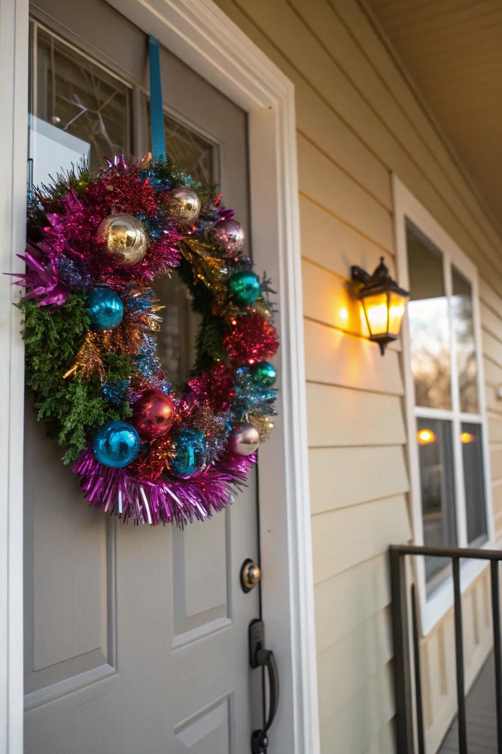 A vibrant tinsel wreath offers a festive welcome at the door.