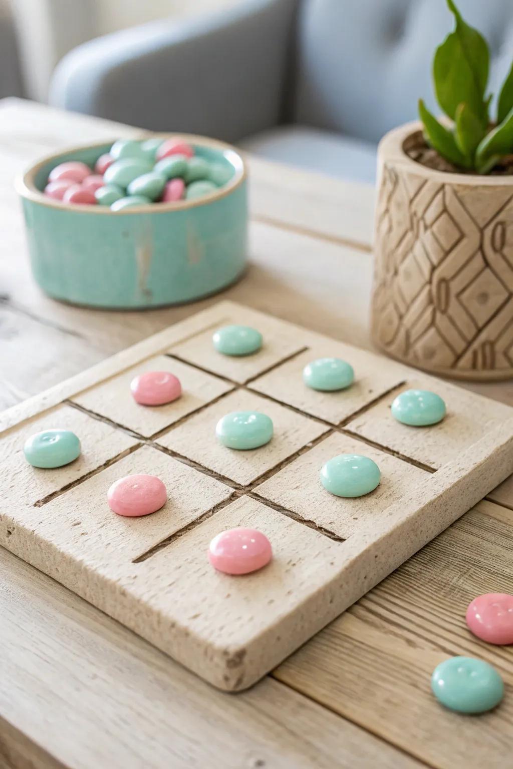 A Sweet Game: Embrace playful elegance with a handcrafted clay tic tac toe board, adorned with colorful candies.