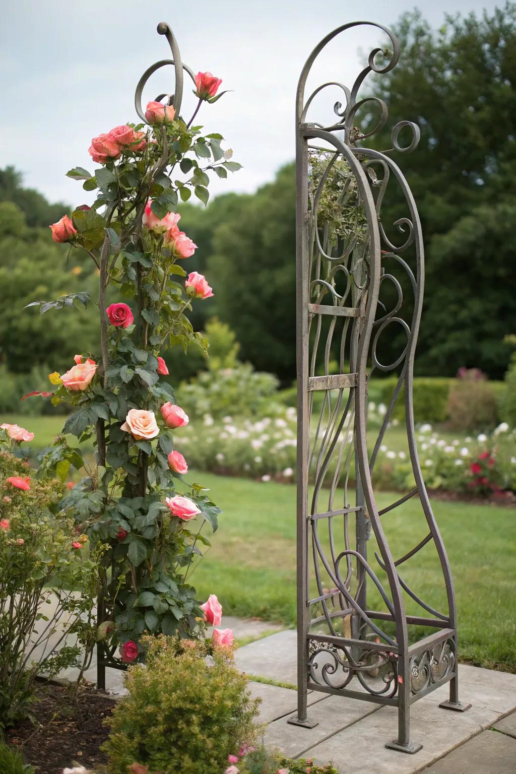 Elevate your garden with a metal sculpture that artfully supports climbing roses, blending modern elegance with natural charm. 🌹✨