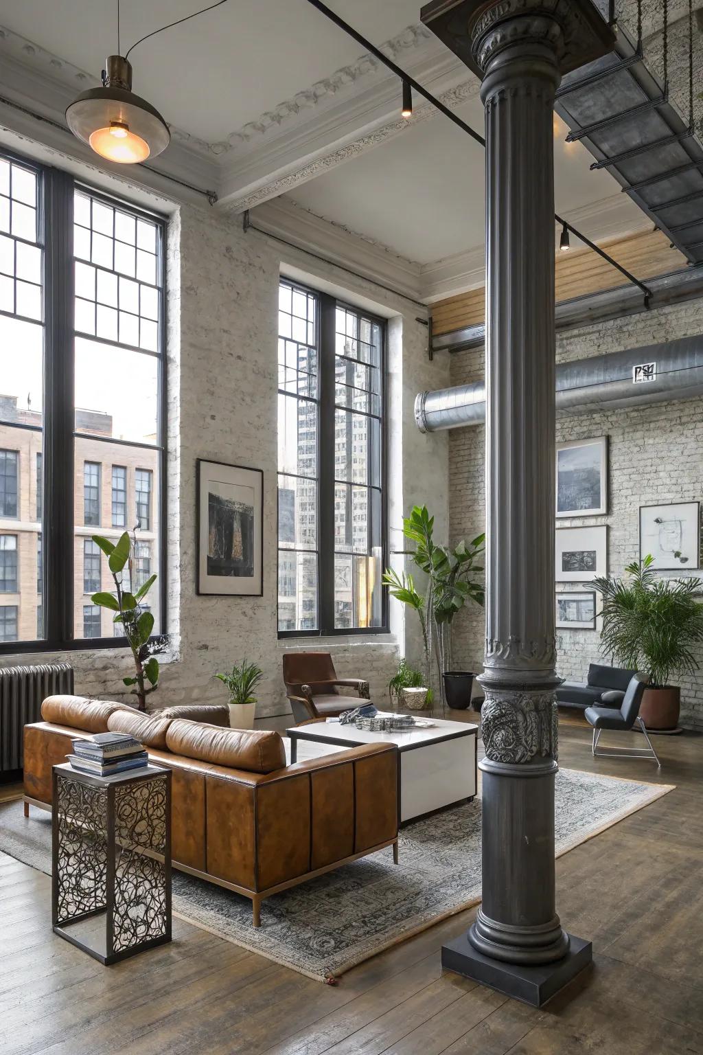 Metallic columns adding a sleek, modern touch to an industrial chic living room.