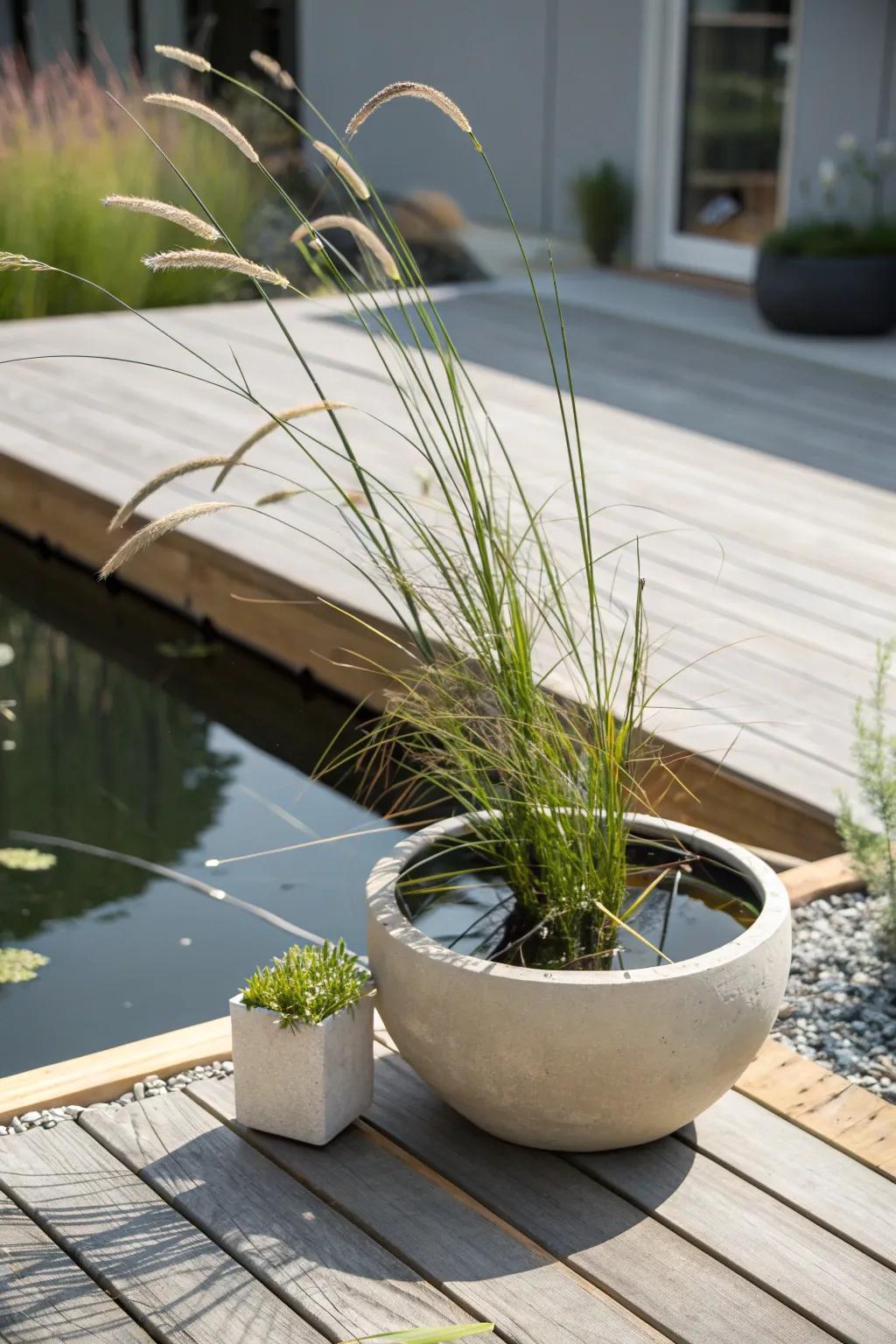Embrace serenity with the gentle dance of aquatic grasses in your minimalist pond.