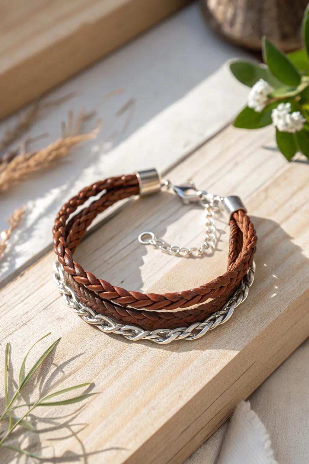 Embrace your inner boho with this stunning leather and chain bracelet, where edgy meets elegance.