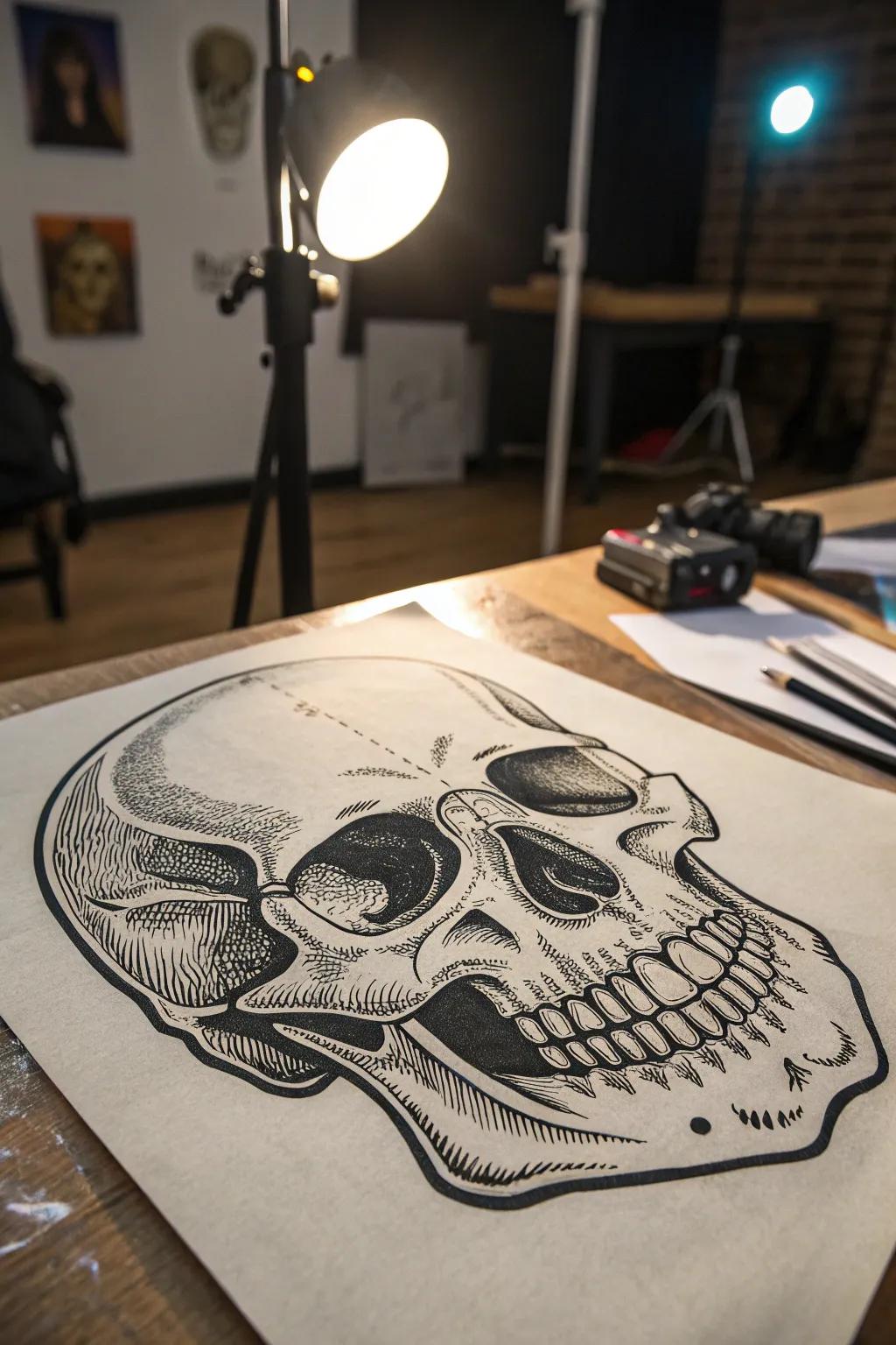 Timeless elegance in black and white: A striking skull design for the modern craftsman.
