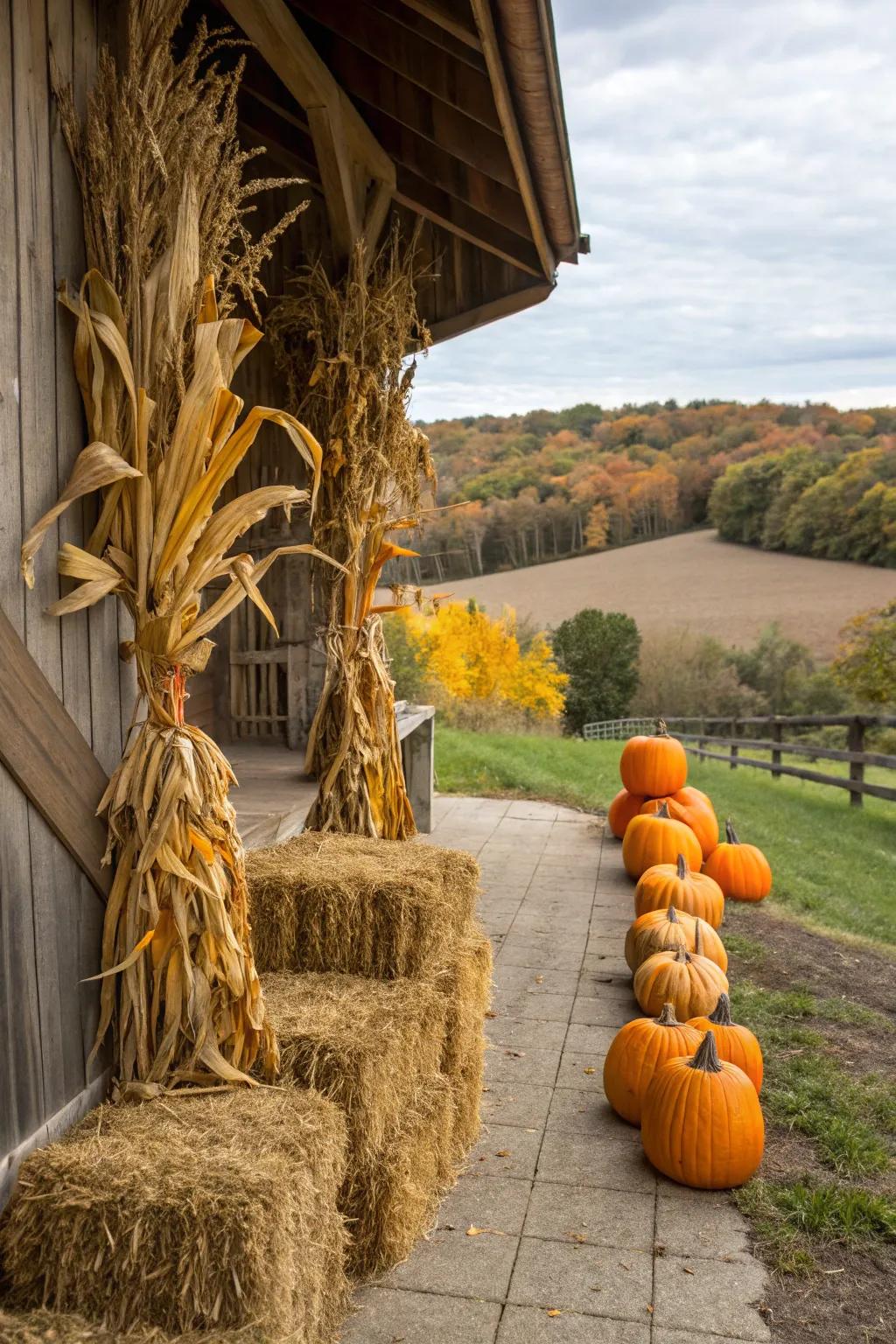 Transform a barn or shed into a fall masterpiece with corn stalks.