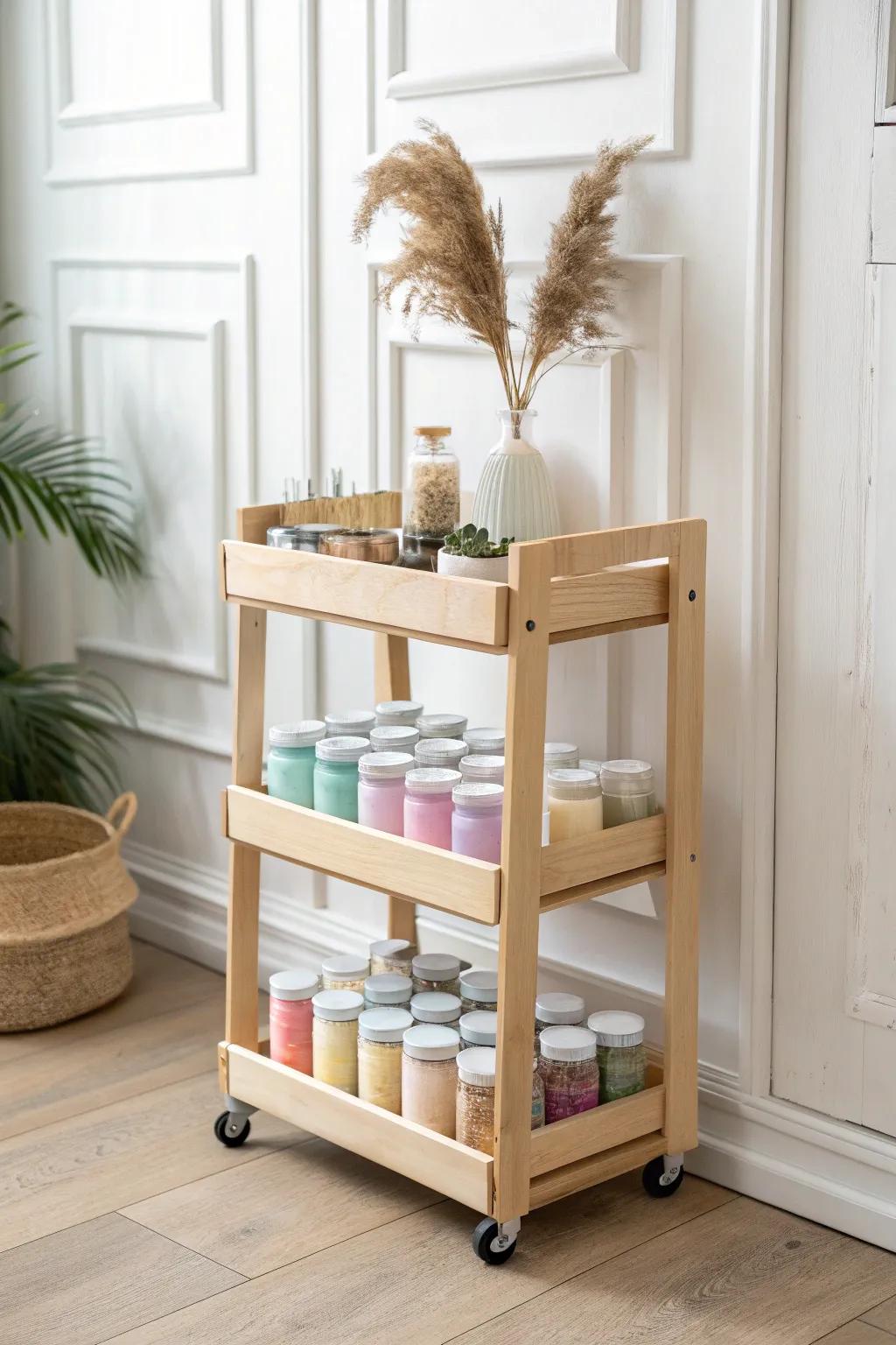 Roll into creativity with this chic and versatile rolling cart—a perfect companion for your artistic adventures!