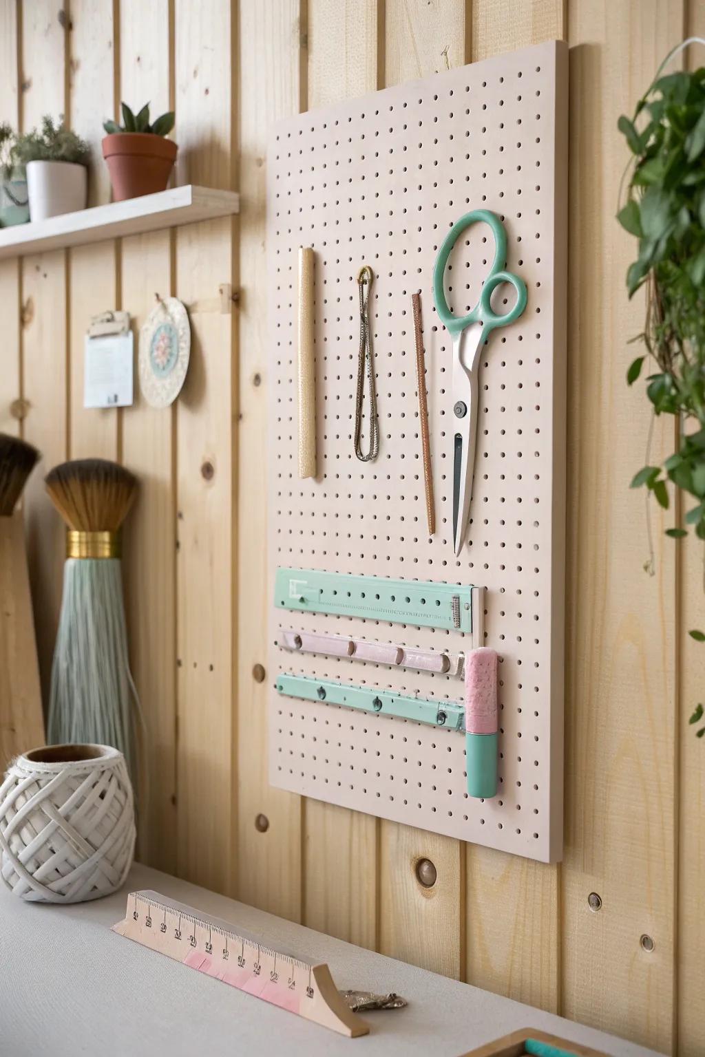Elevate your craft room with stylish pegboard silhouettes—where functionality meets artful simplicity.