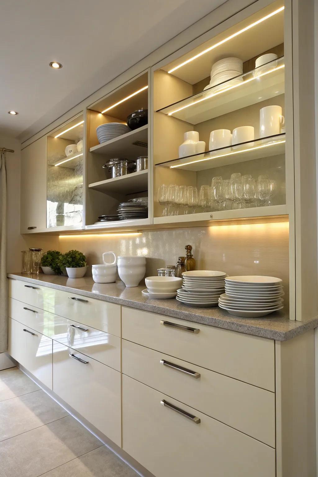 Open shelving adding practical and decorative elements to a cream gloss kitchen.