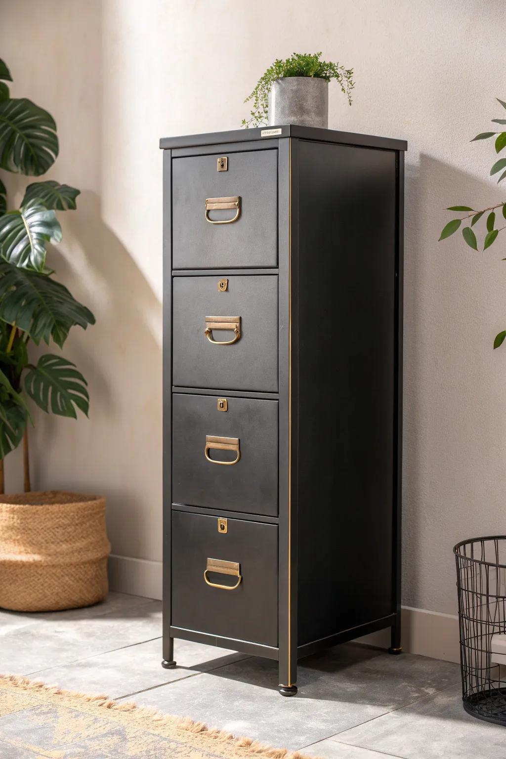 Elevate your workspace with industrial chic: a minimalist filing cabinet that blends modern elegance with boho charm.