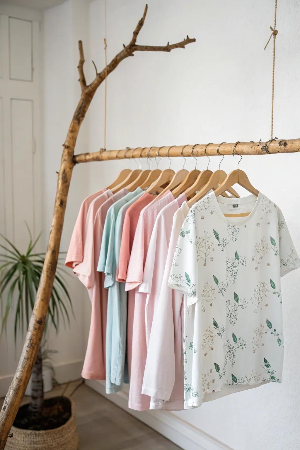 Elevate your space with this chic hanging t-shirt display, perfect for showcasing your style with Scandinavian elegance.