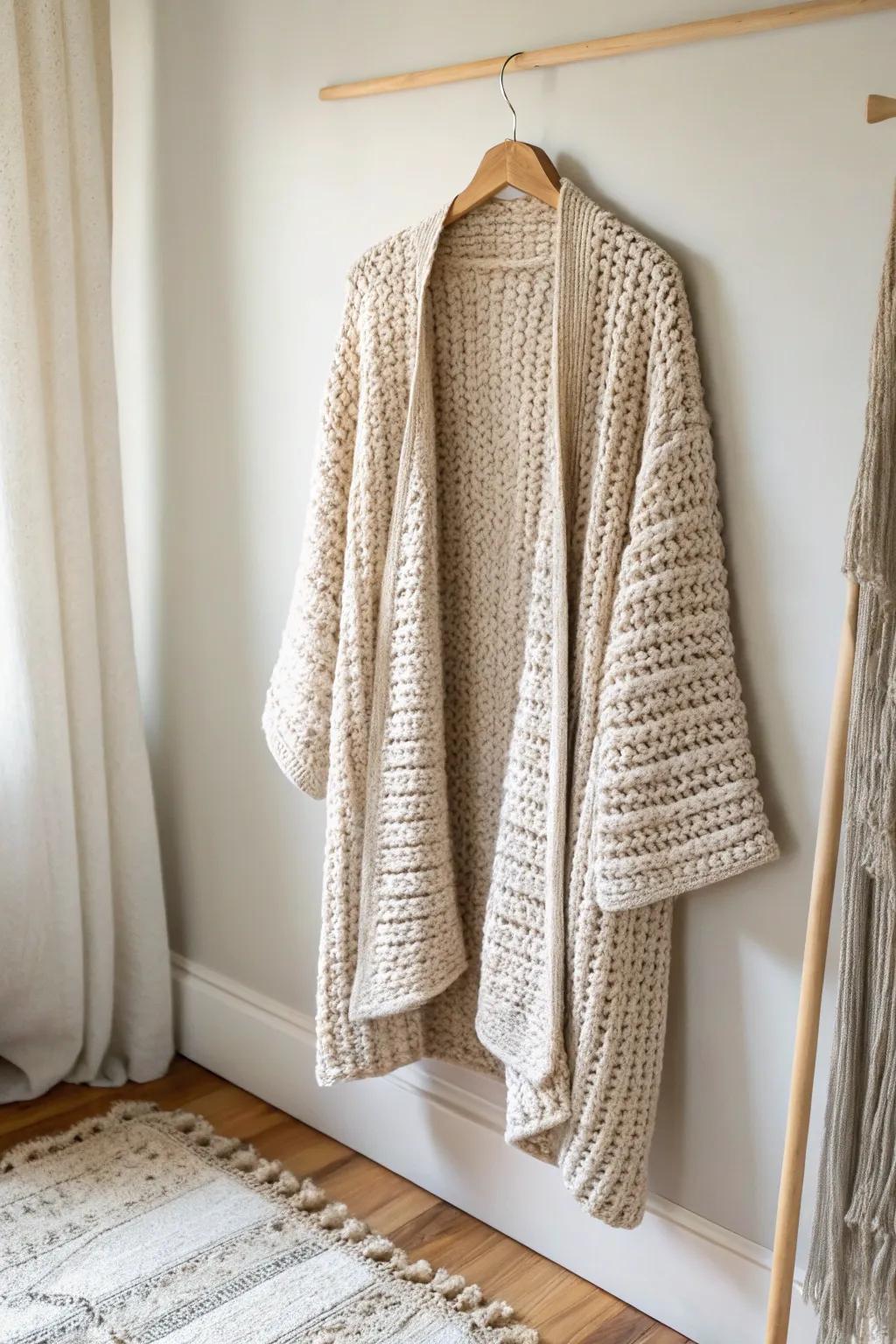 Wrap yourself in cozy elegance with this oversized crochet cardigan, perfect for a versatile and stylish look.