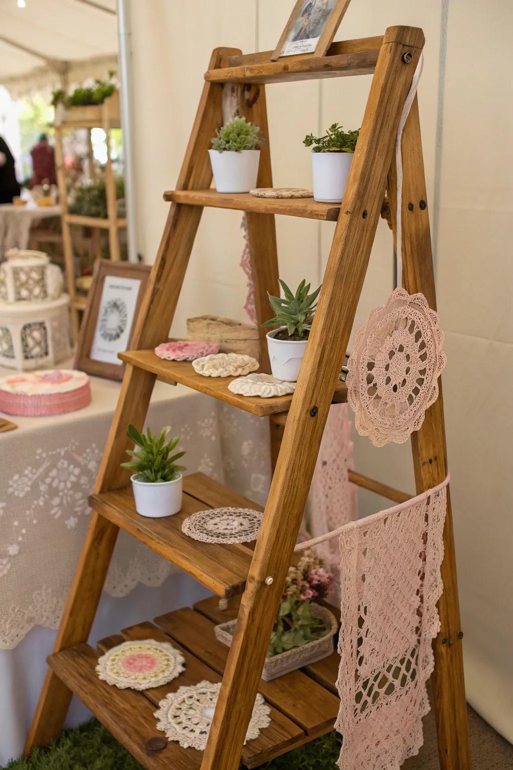 Elevate your craft display with vintage ladder shelves and charming crochet pieces. ✨🌿 #CraftFairDisplay #VintageCharm #CrochetLove