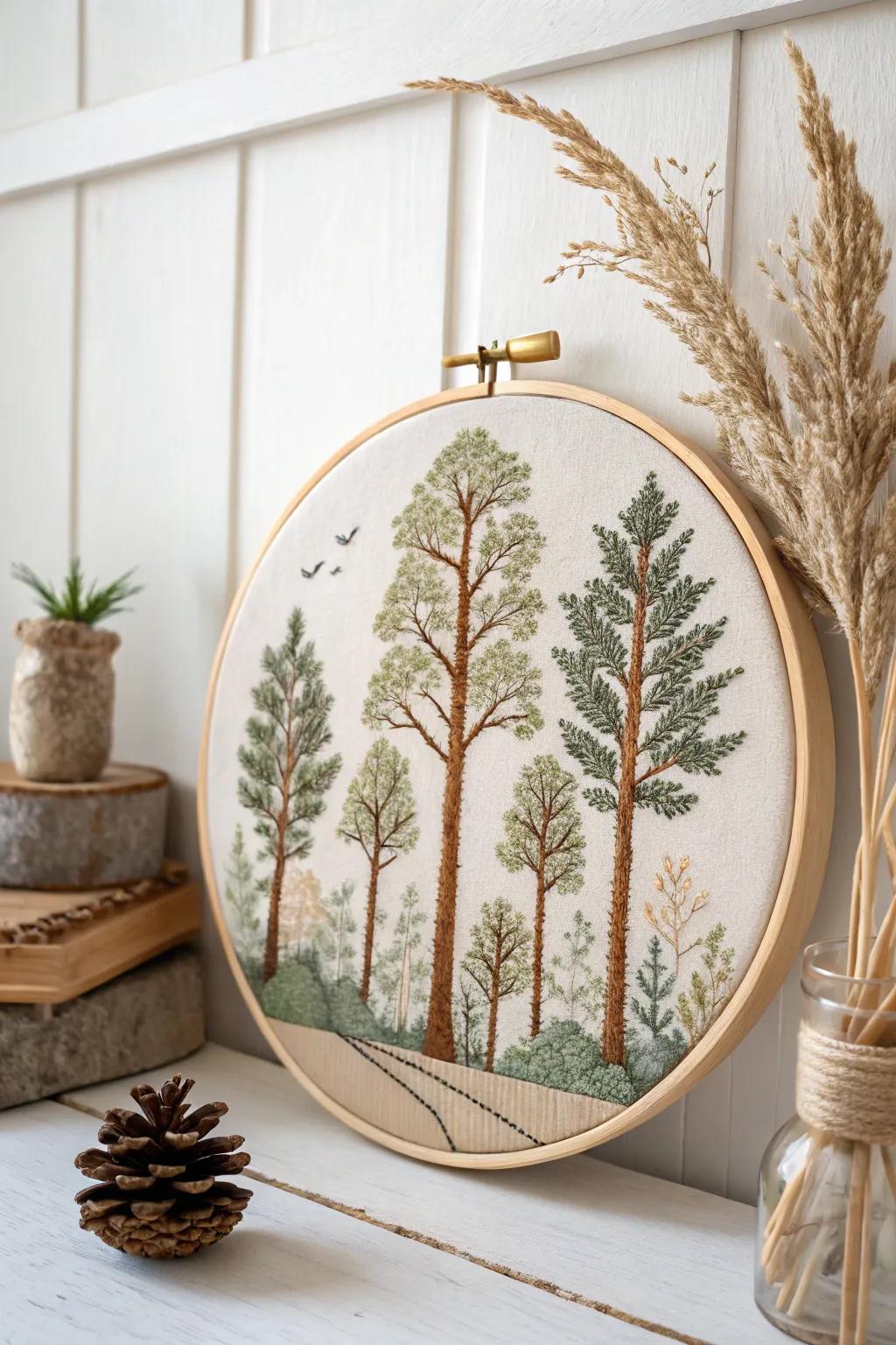 Bring tranquility home with this serene forest cross-stitch masterpiece.
