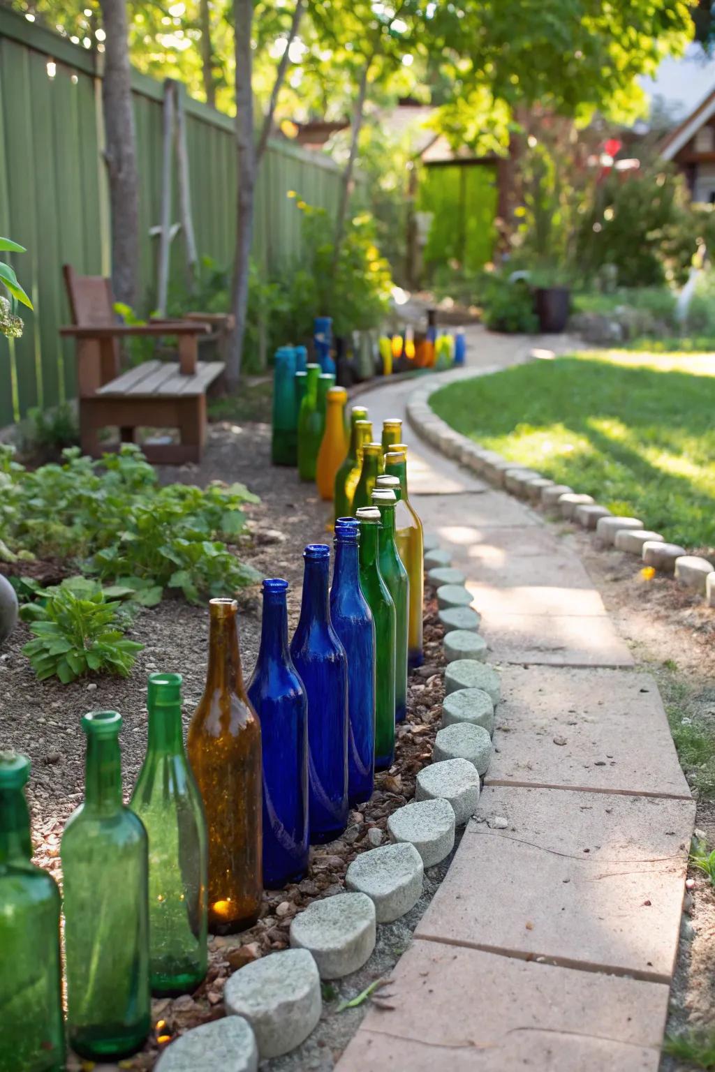 Revamp your garden with whimsical borders made from cut bottles, adding a touch of personal charm and color!