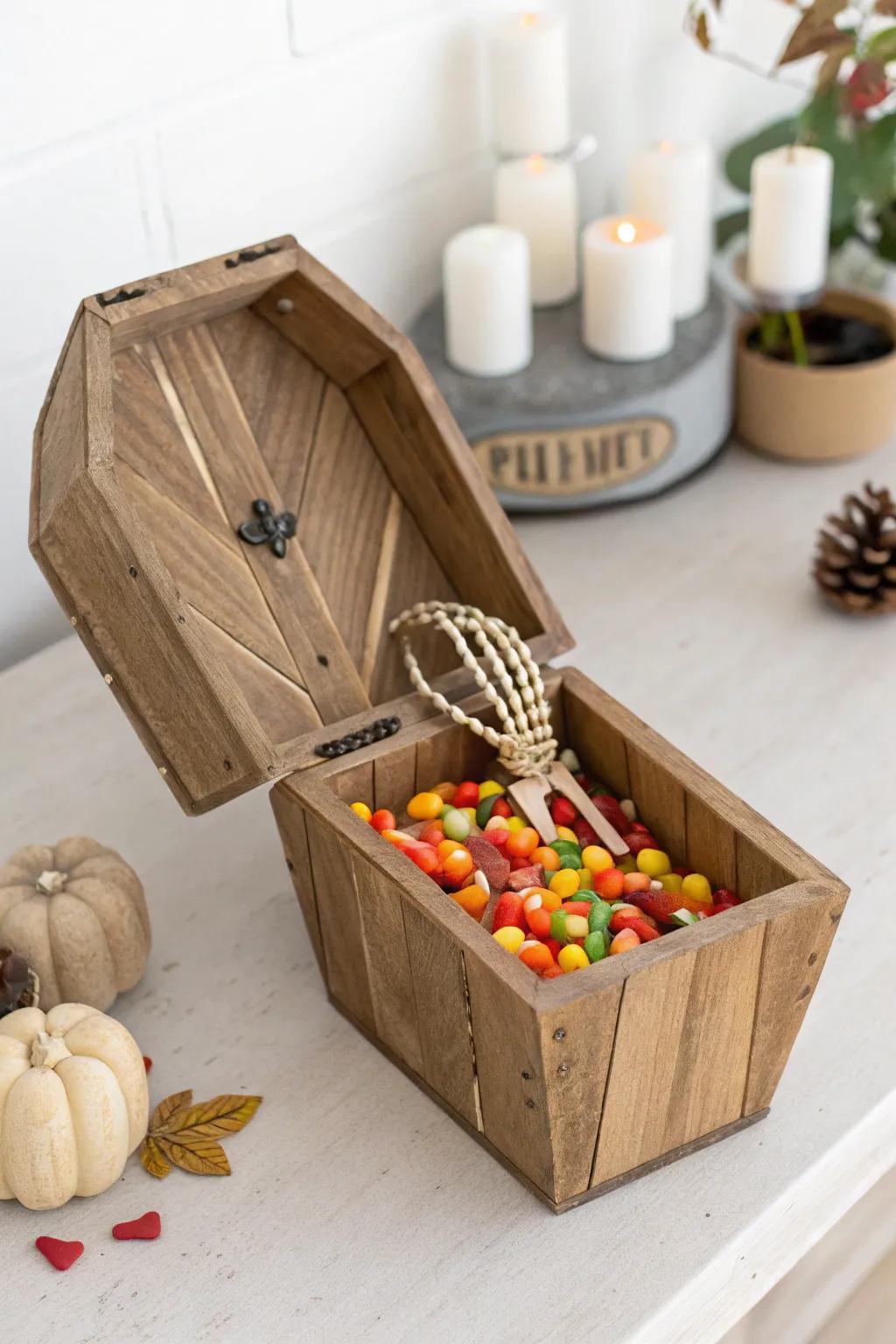 Elevate your Halloween decor with this charming coffin candy holder, a perfect blend of craftsmanship and style!