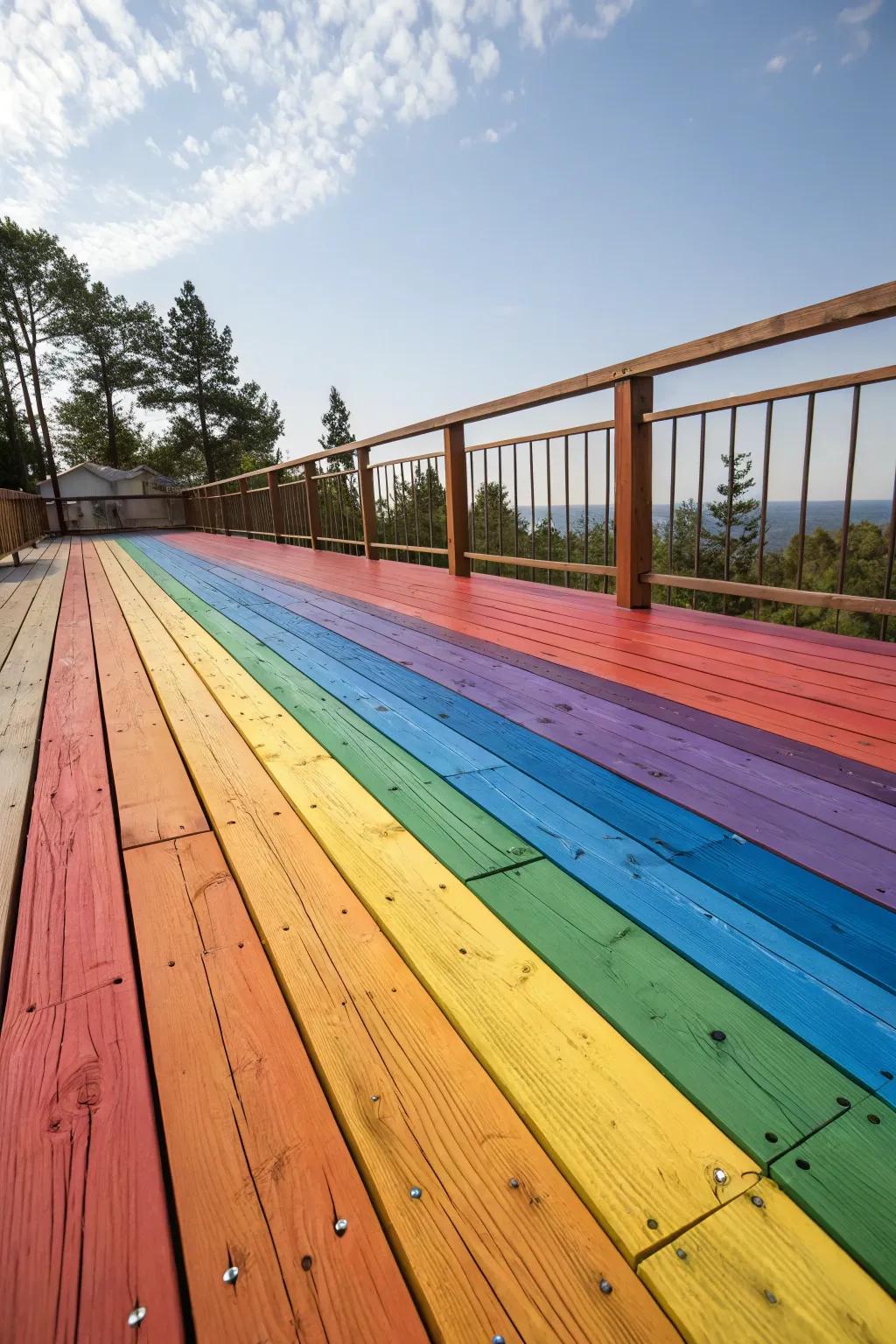 Transform your outdoor space with a vibrant rainbow deck - where craftsmanship meets color!