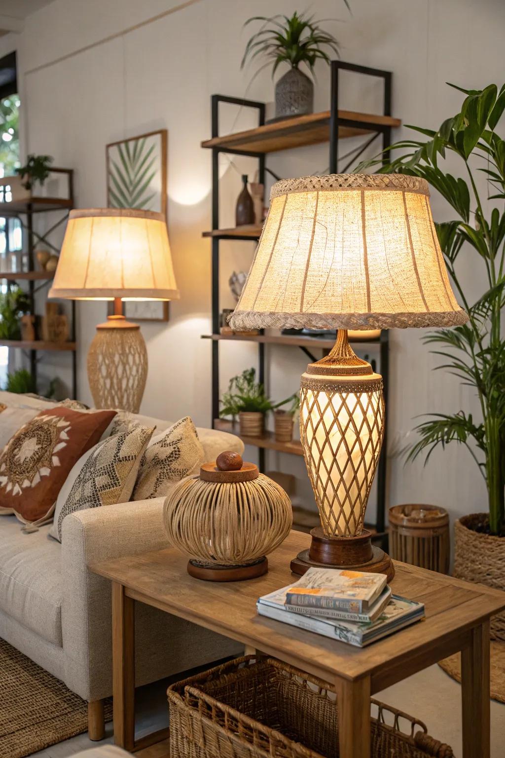 Natural material lamps add warmth and texture.