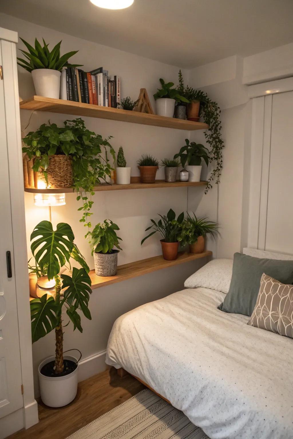 Small potted plants bring vibrancy to a small bedroom.