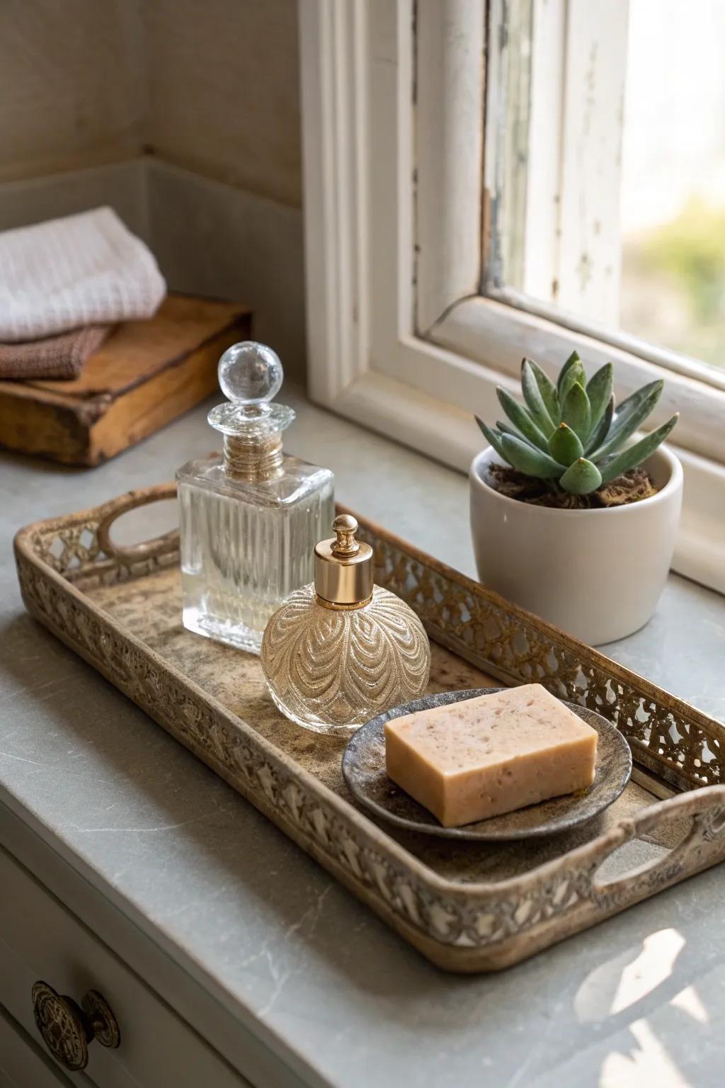 Transform clutter into curated elegance with a vintage tray display.