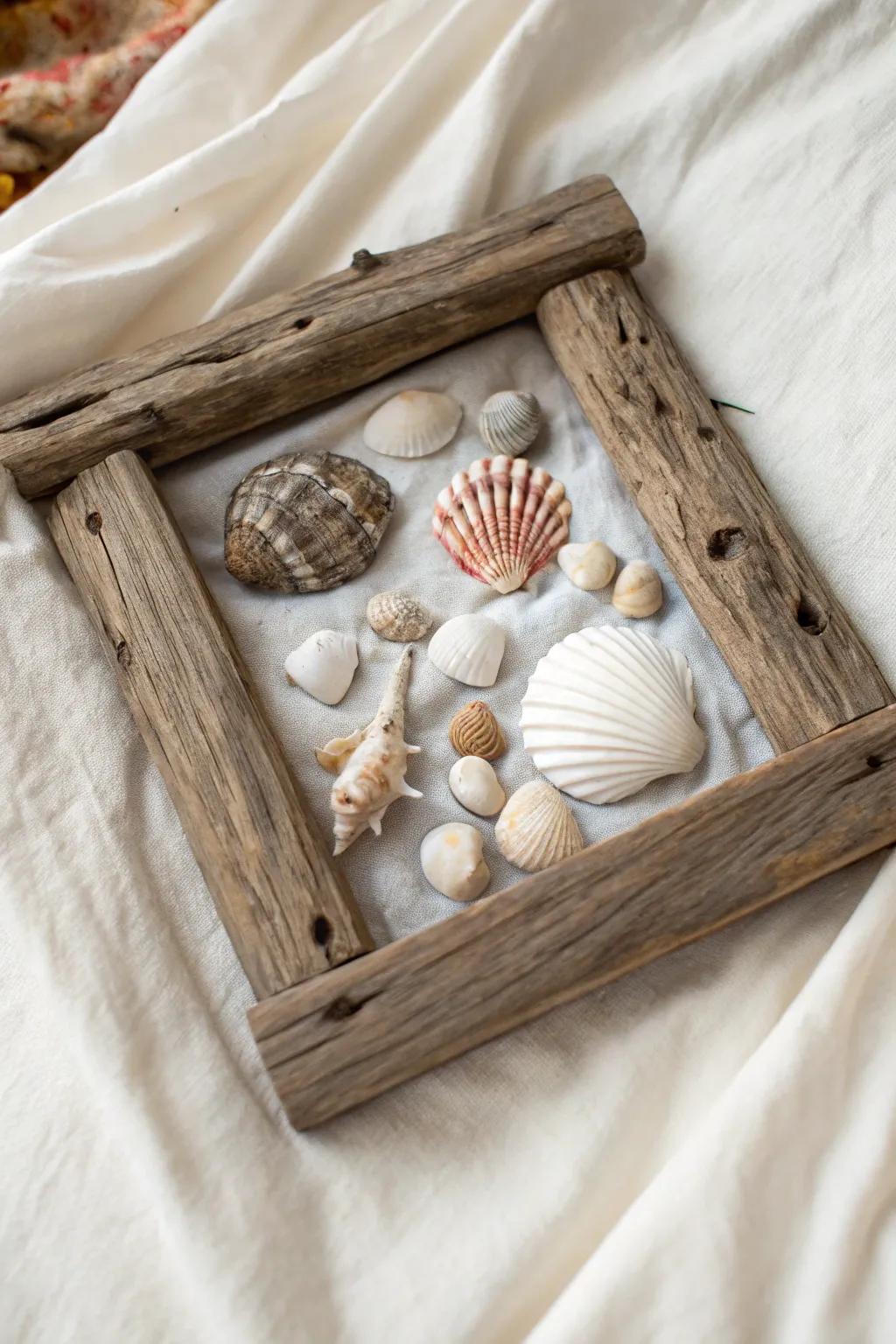 Embrace coastal charm with a rustic driftwood frame that beautifully showcases your seaside treasures.
