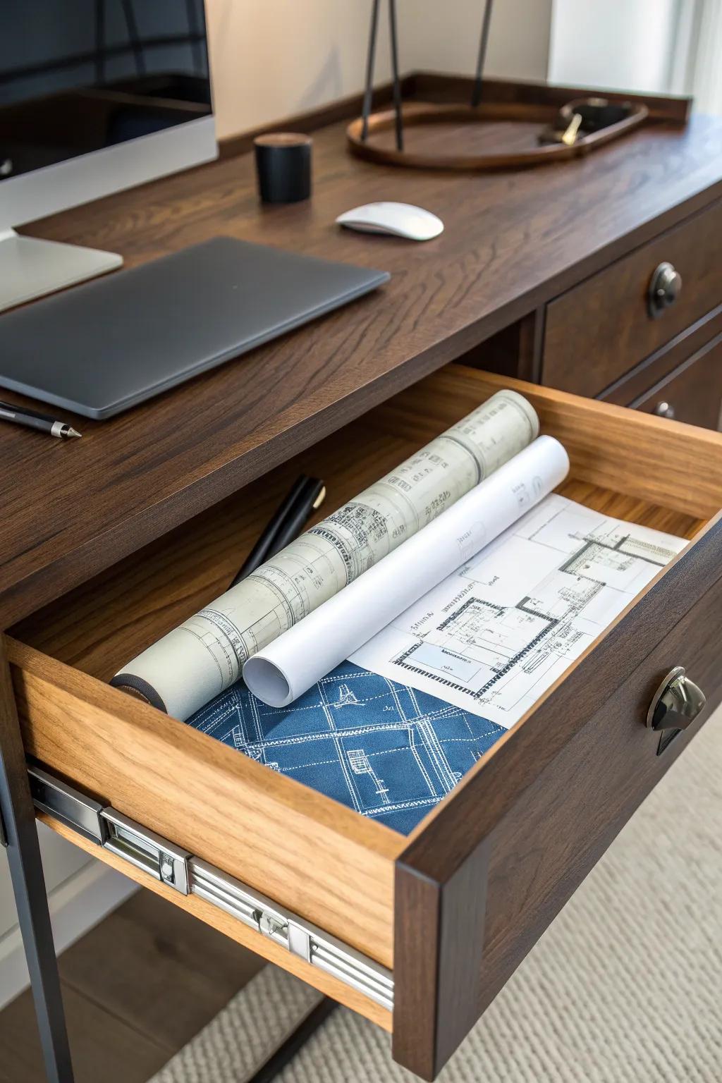 Master the Art of Organization: Under-Desk Storage for Your Blueprints.