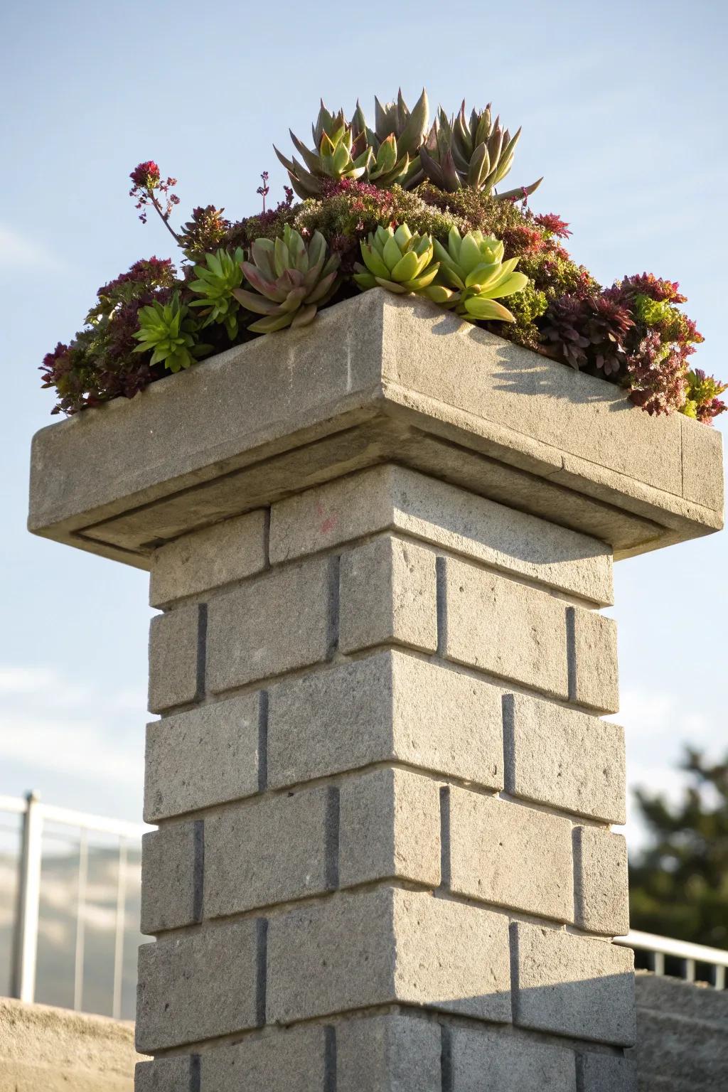 Elevate your garden with bold cinder block columns topped with vibrant succulents. #DIYCraftsmanship