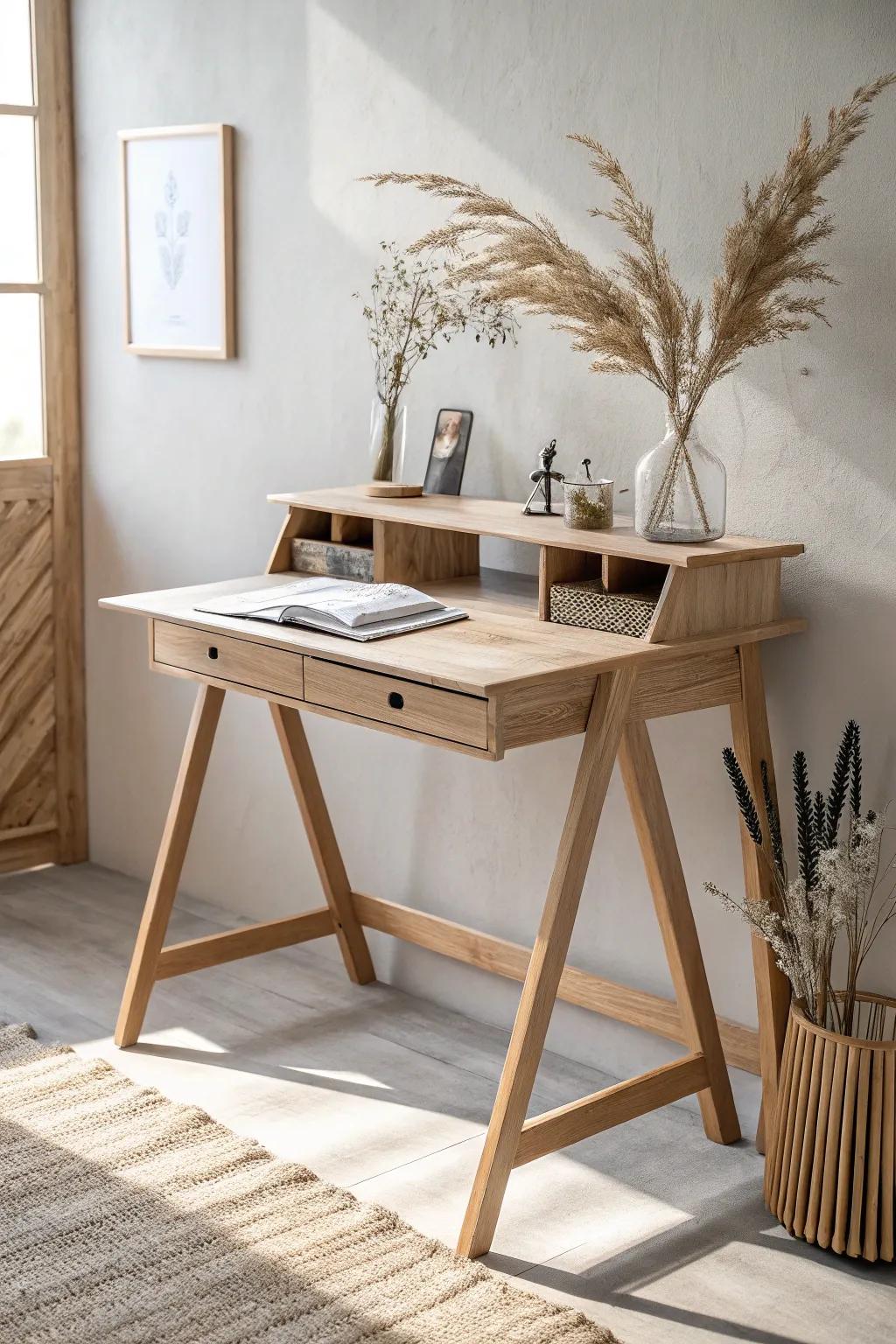 Transform your workspace with a chic and space-saving foldable sawhorse desk - where Scandinavian simplicity meets Boho elegance!