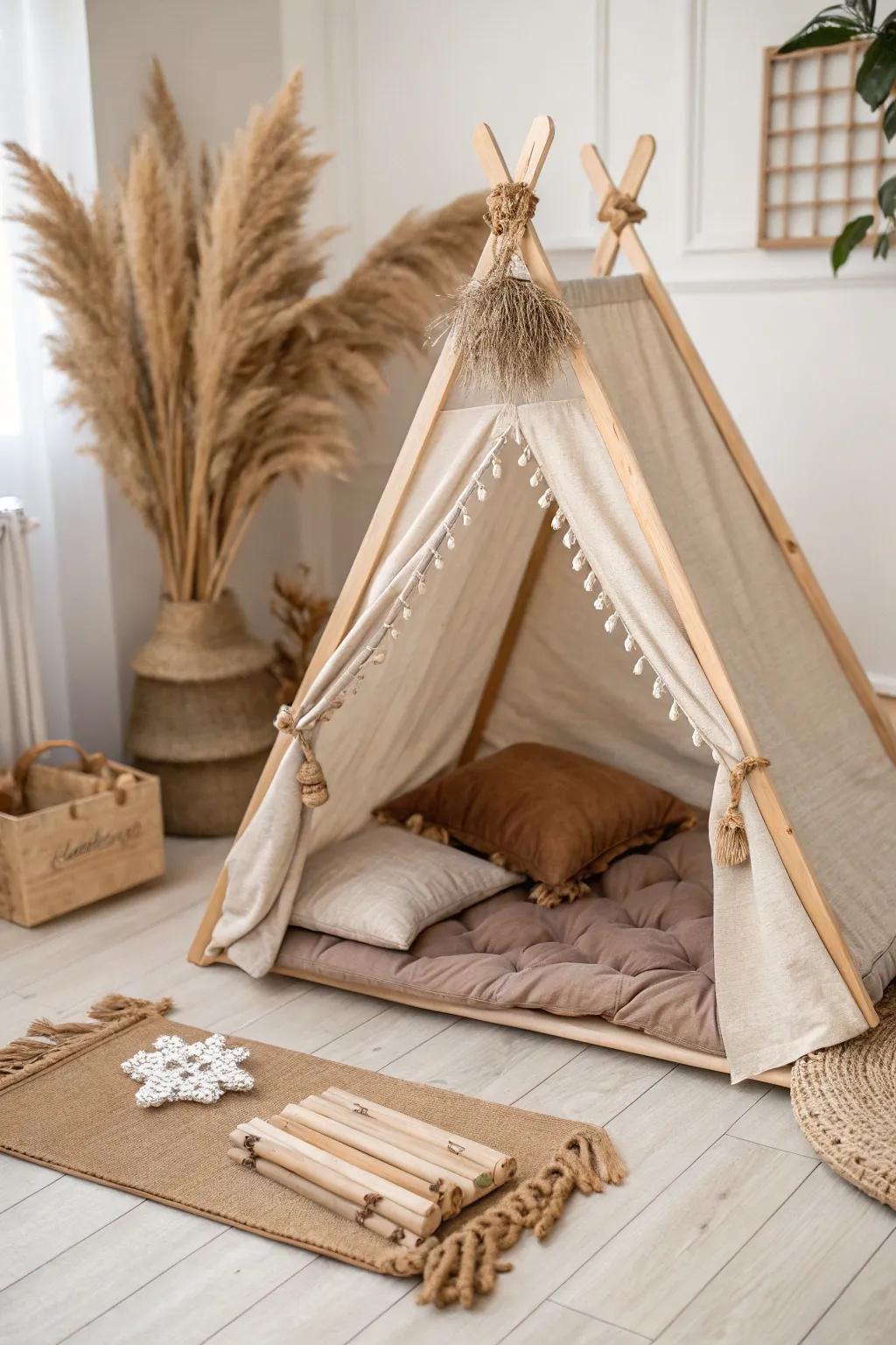 Transform your pup's space with a chic and cozy indoor tent bed, where Scandinavian design meets Boho charm.