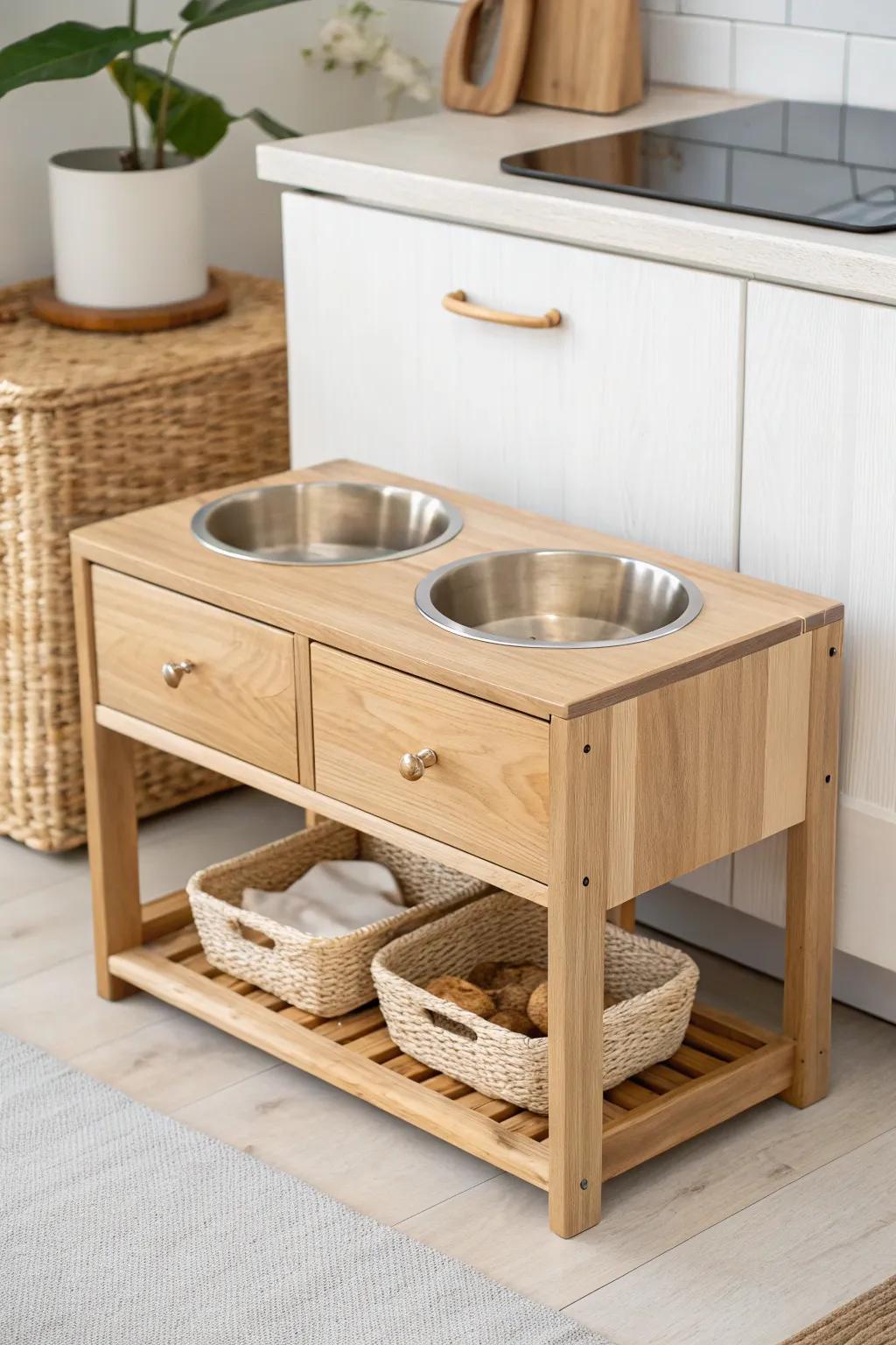 Elevate your pet's mealtime with a chic and organized feeding station that seamlessly blends into your minimalist kitchen.