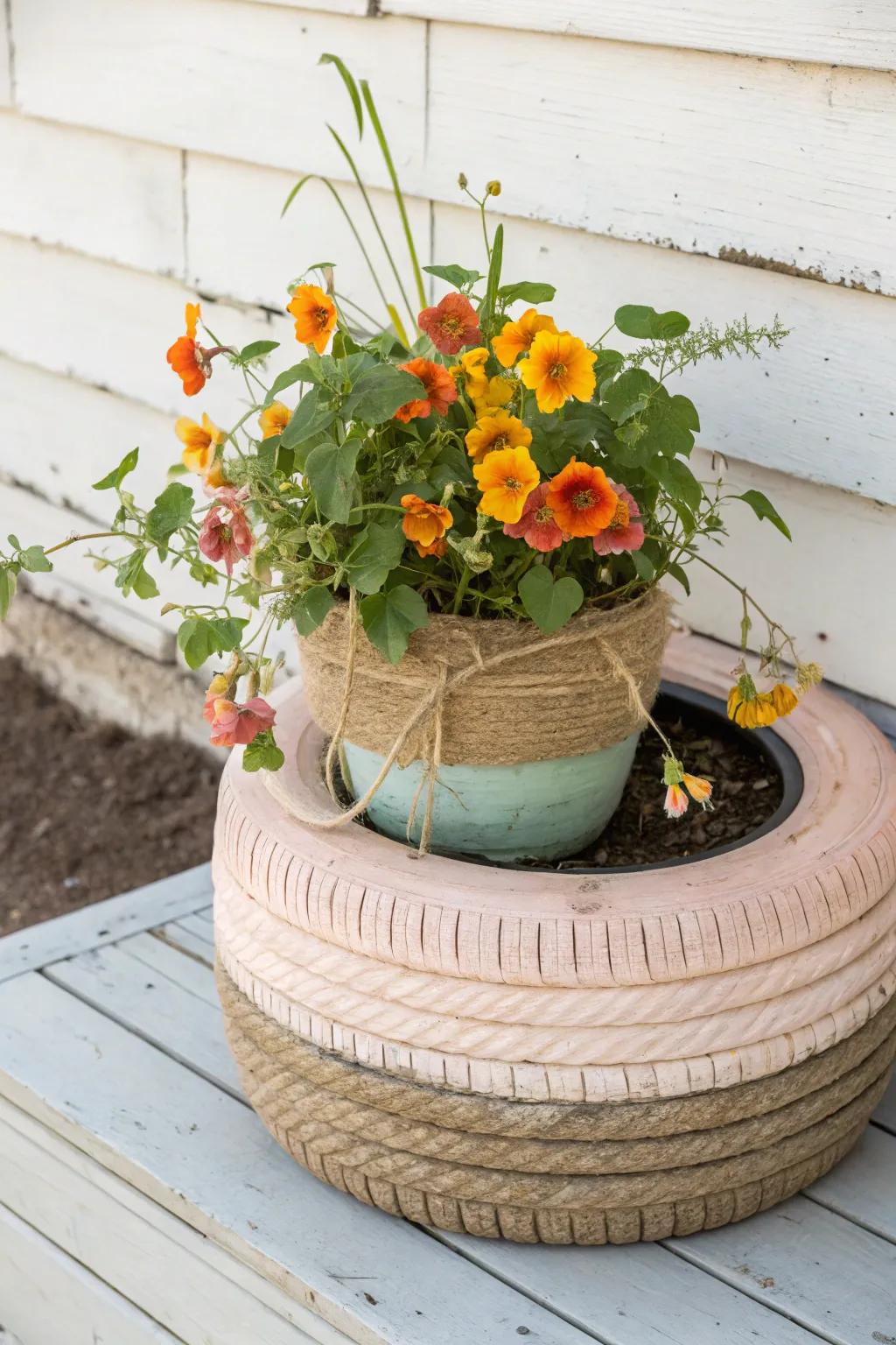 Transform your garden with a touch of rustic elegance: DIY Tire Planters bursting with color and creativity.
