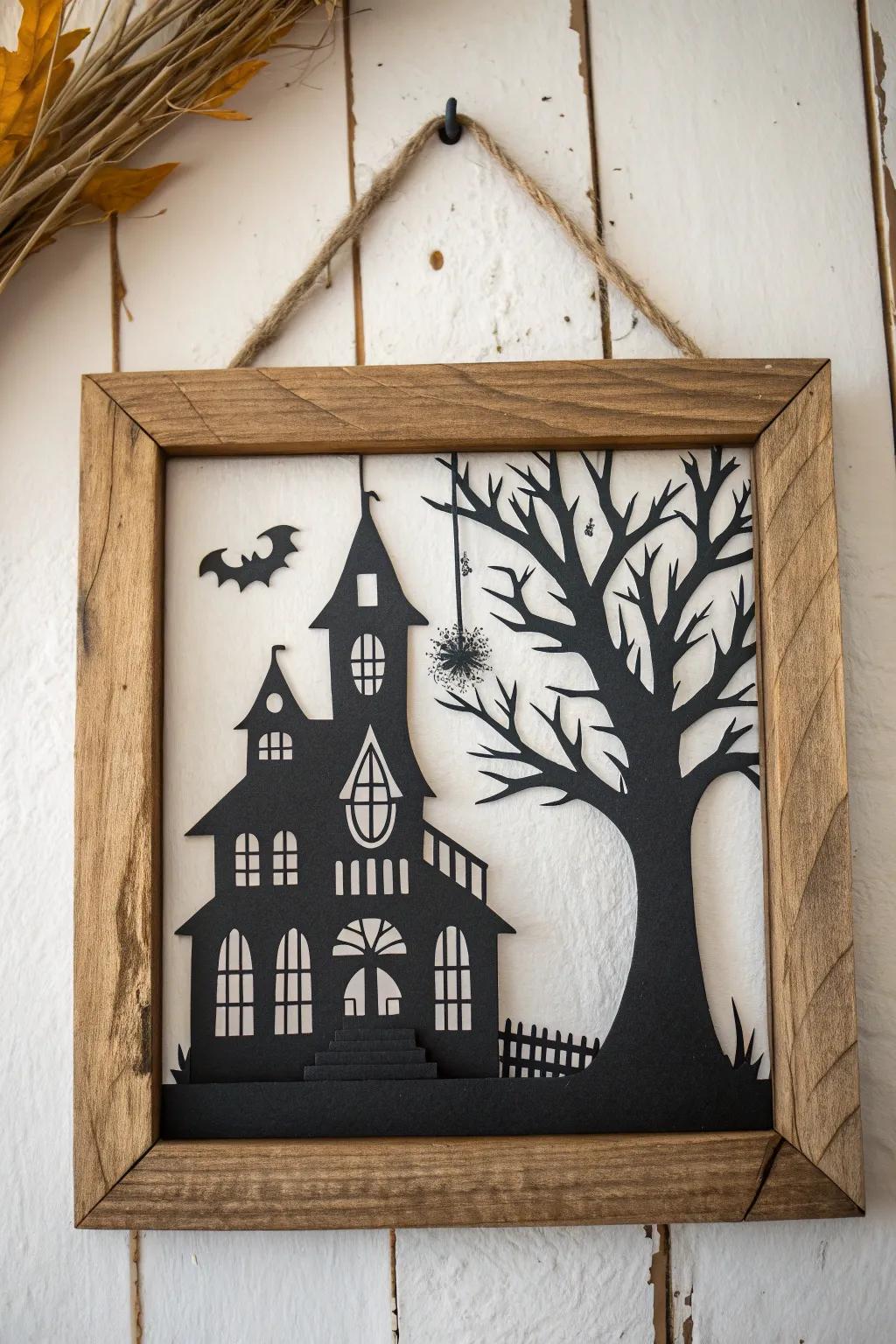 Elevate your Halloween decor with this chic haunted house silhouette—a perfect blend of spooky and stylish!
