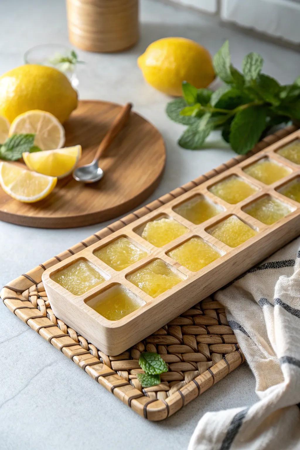 Brighten your dishes effortlessly with DIY frozen lemon juice cubes, a blend of craftsmanship and natural beauty.